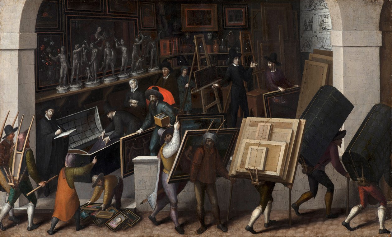 Taidemaalarityöhuoneen sisällön takavarikointi, n. 1590 tekijältä Francois Bunel