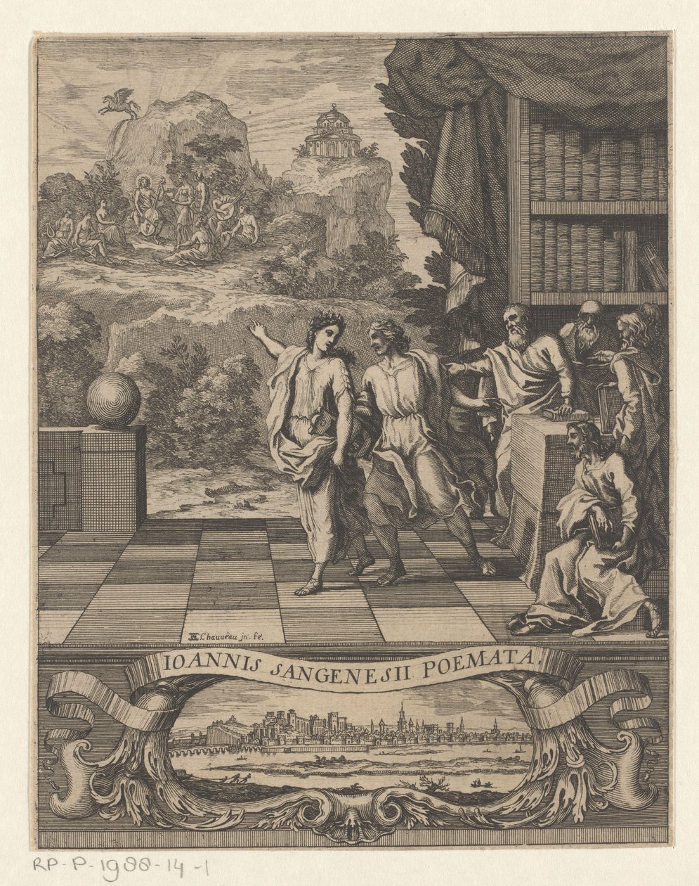 Allegorinen naishahmo osoittaa nuoren miehen Parnassus-vuorelle Nimisivu: Jean de Saint-Genies, Ioannis Sangenesii Poëmata, 1654 tekijältä Francois Chauveau