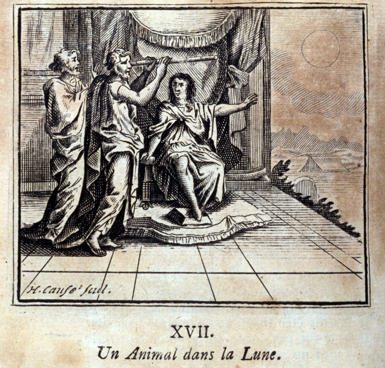 Eläin kuussa. Jean de La Fontainen (1621-95) sadut. Kuvitus: Francois Chauveau (1613-1676). Painos vuodelta 1728. tekijältä Francois Chauveau