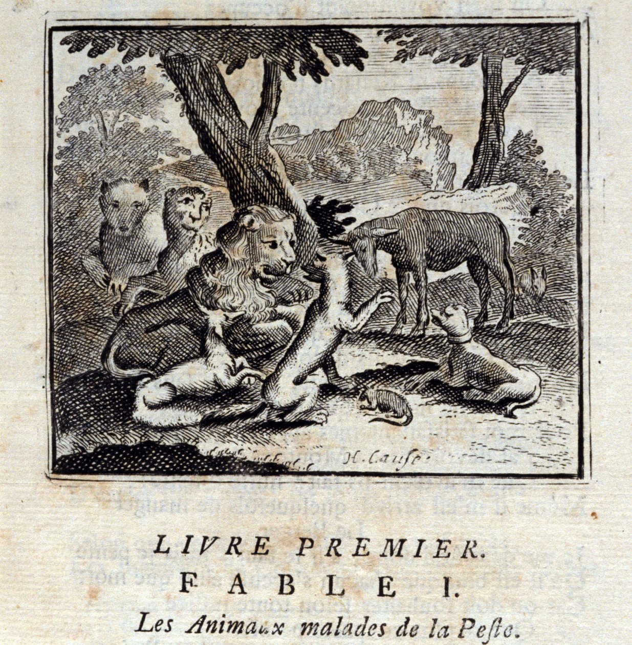 Ruttoon sairaat eläimet. Jean de La Fontainen (1621-95) sadut. Kuvitus: Francois Chauveau (1613-1676). Painos vuodelta 1728. tekijältä Francois Chauveau