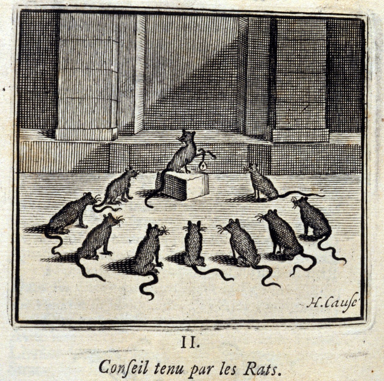 Rottien hallussa oleva hallitus. Jean de La Fontainen (1621-95) sadut. Kuvitus: Francois Chauveau (1613-1676). Painos vuodelta 1728. tekijältä Francois Chauveau