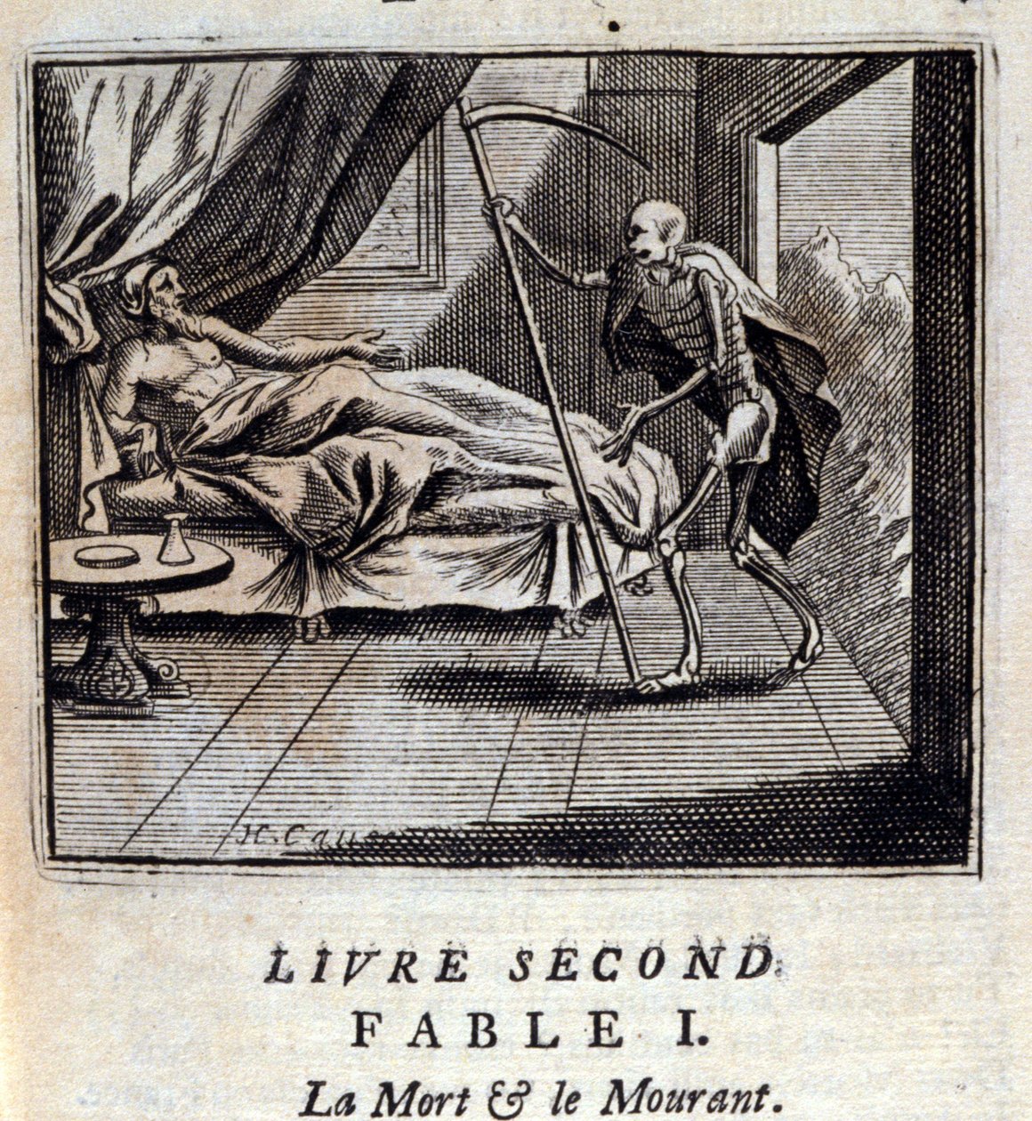 Kuolema ja kuolema. Jean de La Fontainen (1621-95) sadut. Kuvitus: Francois Chauveau (1613-1676). Painos vuodelta 1728. tekijältä Francois Chauveau