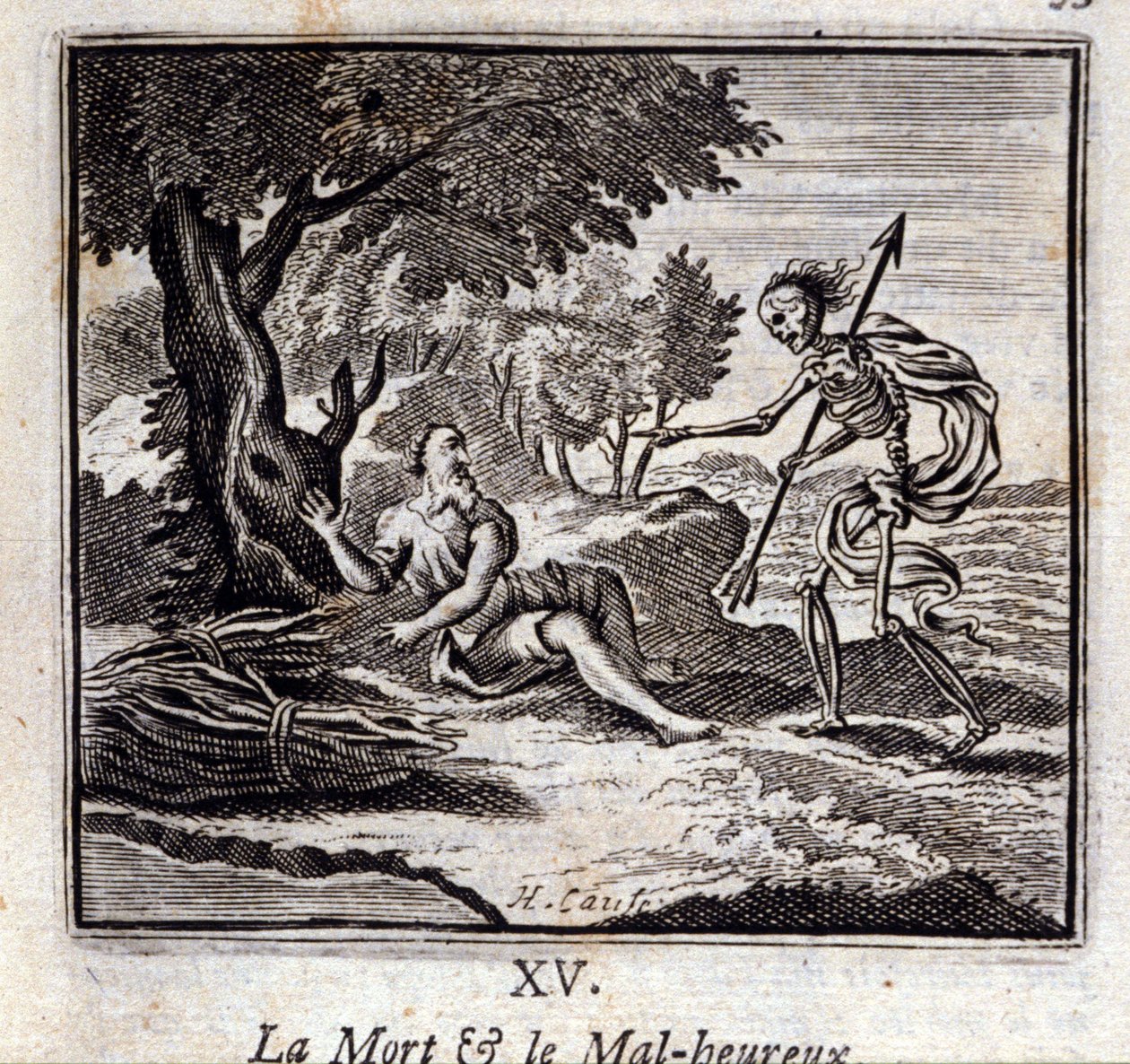 Kuolema ja onneton. Jean de La Fontainen (1621-95) sadut. Kuvitus: Francois Chauveau (1613-1676). Painos vuodelta 1728. tekijältä Francois Chauveau