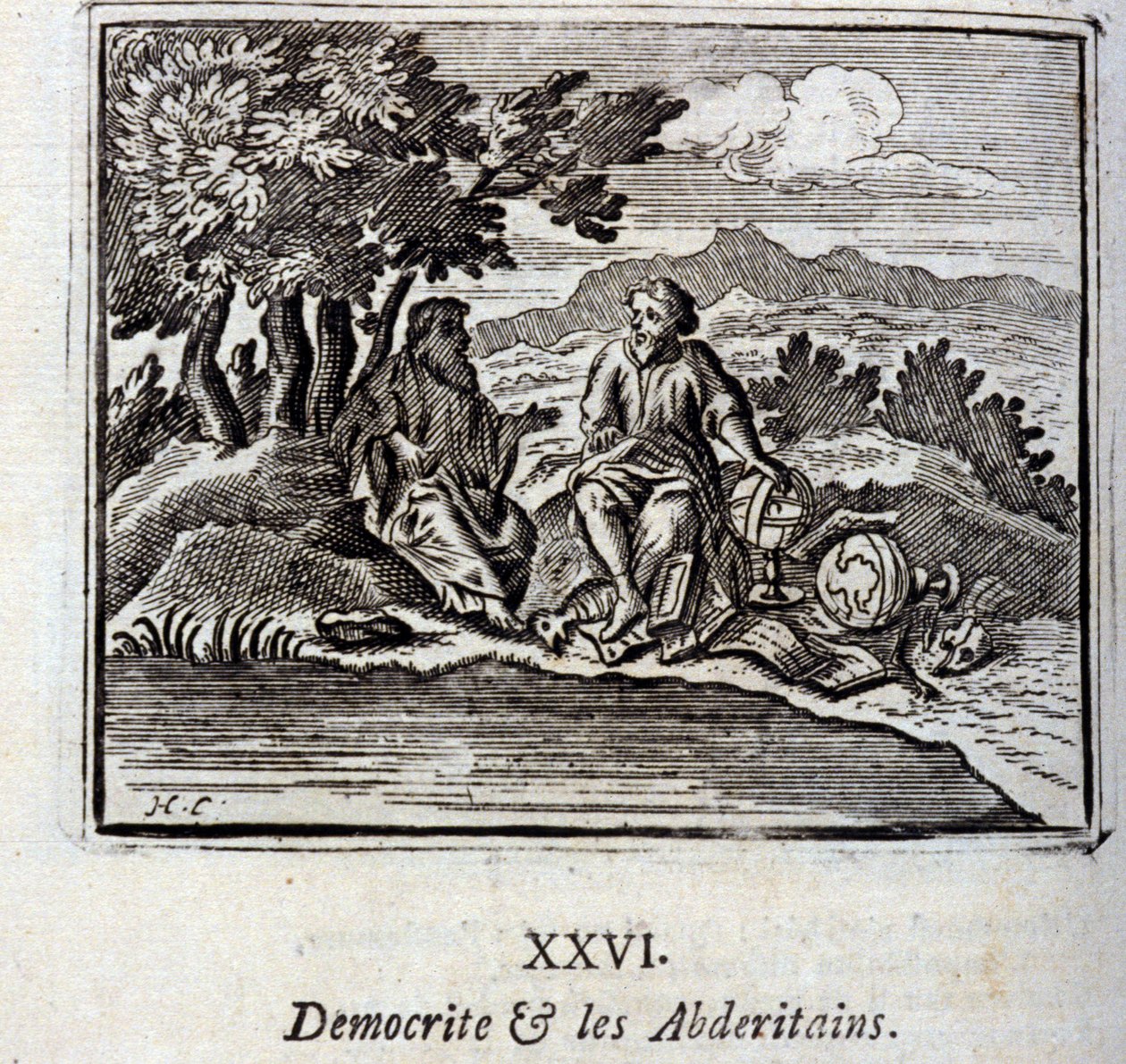 Demokraatti ja Abderitanit. Jean de La Fontainen (1621-95) sadut. Kuvitus: François Chauveau (1613-1676). Painos vuodelta 1728. tekijältä Francois Chauveau