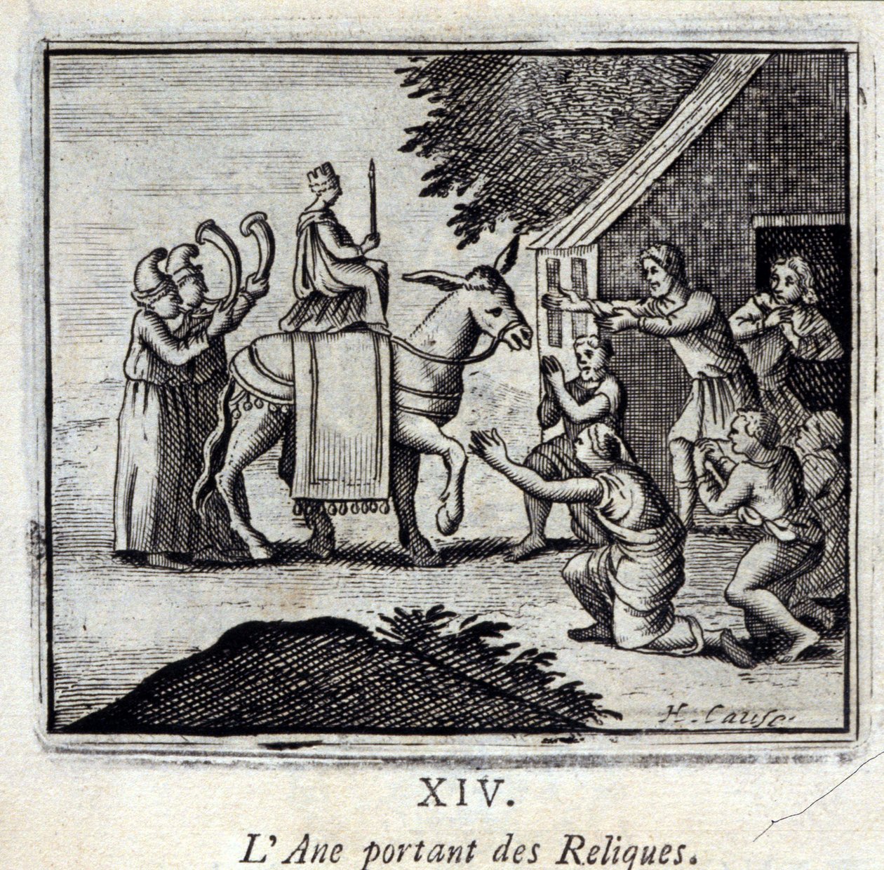 Aasi kantamassa jäänteitä. Jean de La Fontainen (1621-95) sadut. Kuvitus: François Chauveau (1613-1676). Painos vuodelta 1728. tekijältä Francois Chauveau