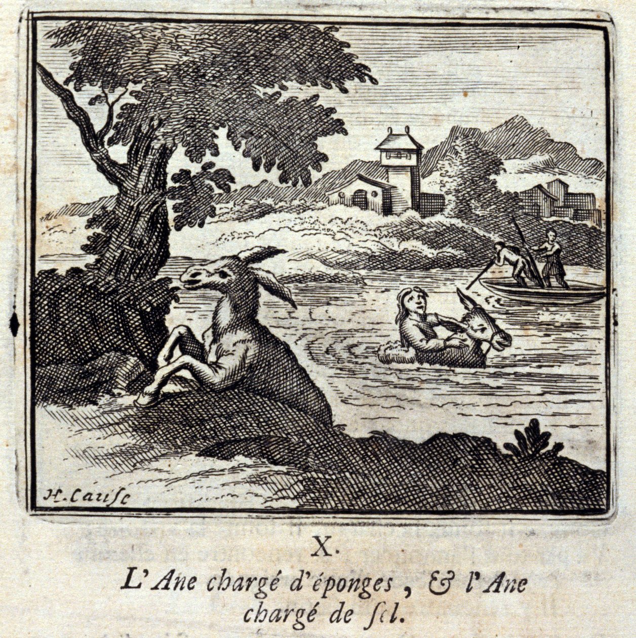 Aasin kuormia sieniä ja aasi kuormia suolaa. Jean de La Fontainen (1621-95) sadut. Kuvitus: François Chauveau (1613-1676). Painos vuodelta 1728. tekijältä Francois Chauveau