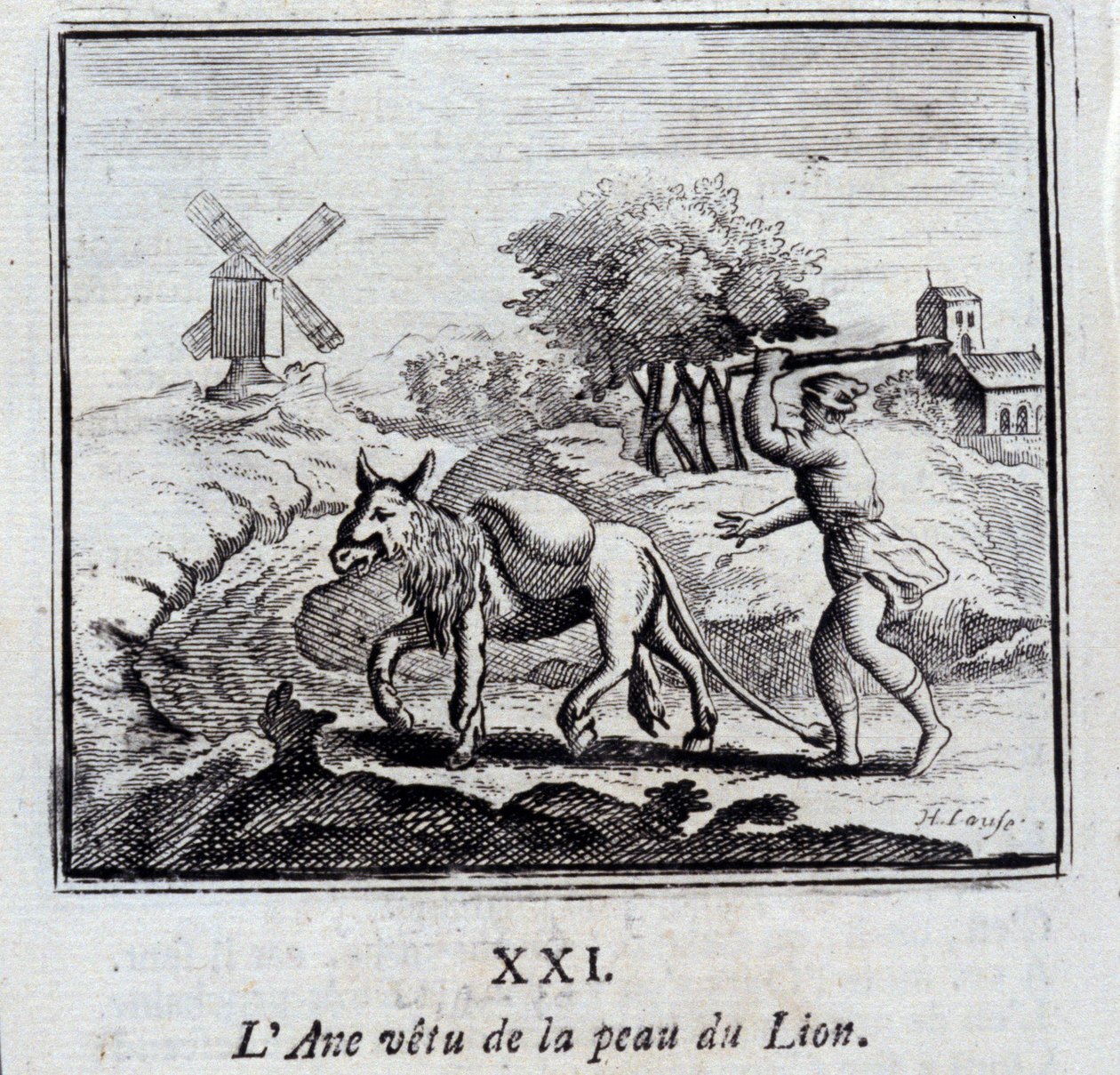 Aasi yllään leijonan ihoa. Jean de La Fontainen (1621-95) sadut. Kuvitus: François Chauveau (1613-1676). Painos vuodelta 1728. tekijältä Francois Chauveau