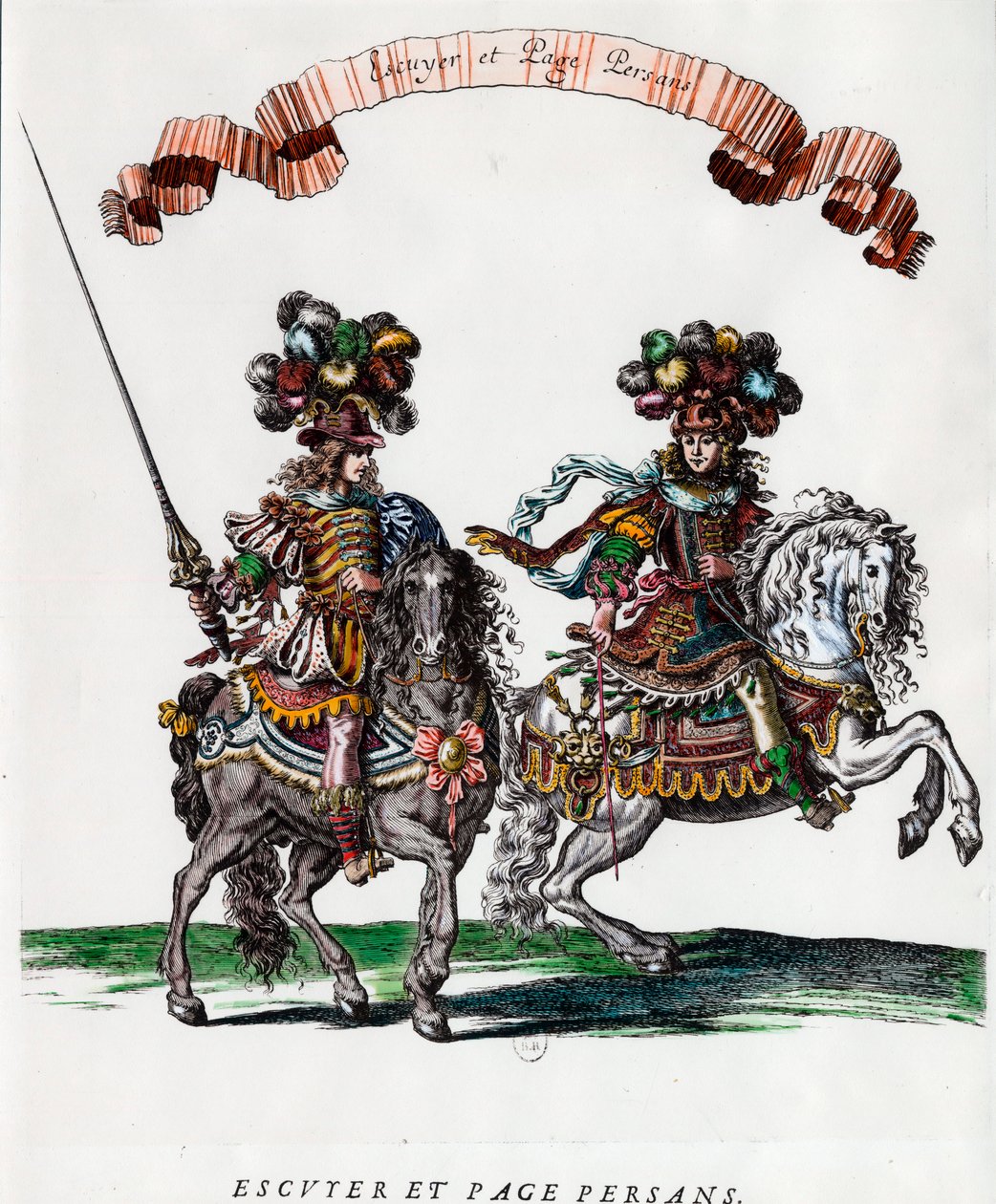 Ecuyer ja persialainen sivu kuningas Ludvig XIV:n (1639-1715) karusellin aikana. Kaiverrus Francois Chauveau (1613-1676) noin 1662 Yksityinen kokoelma tekijältä Francois Chauveau