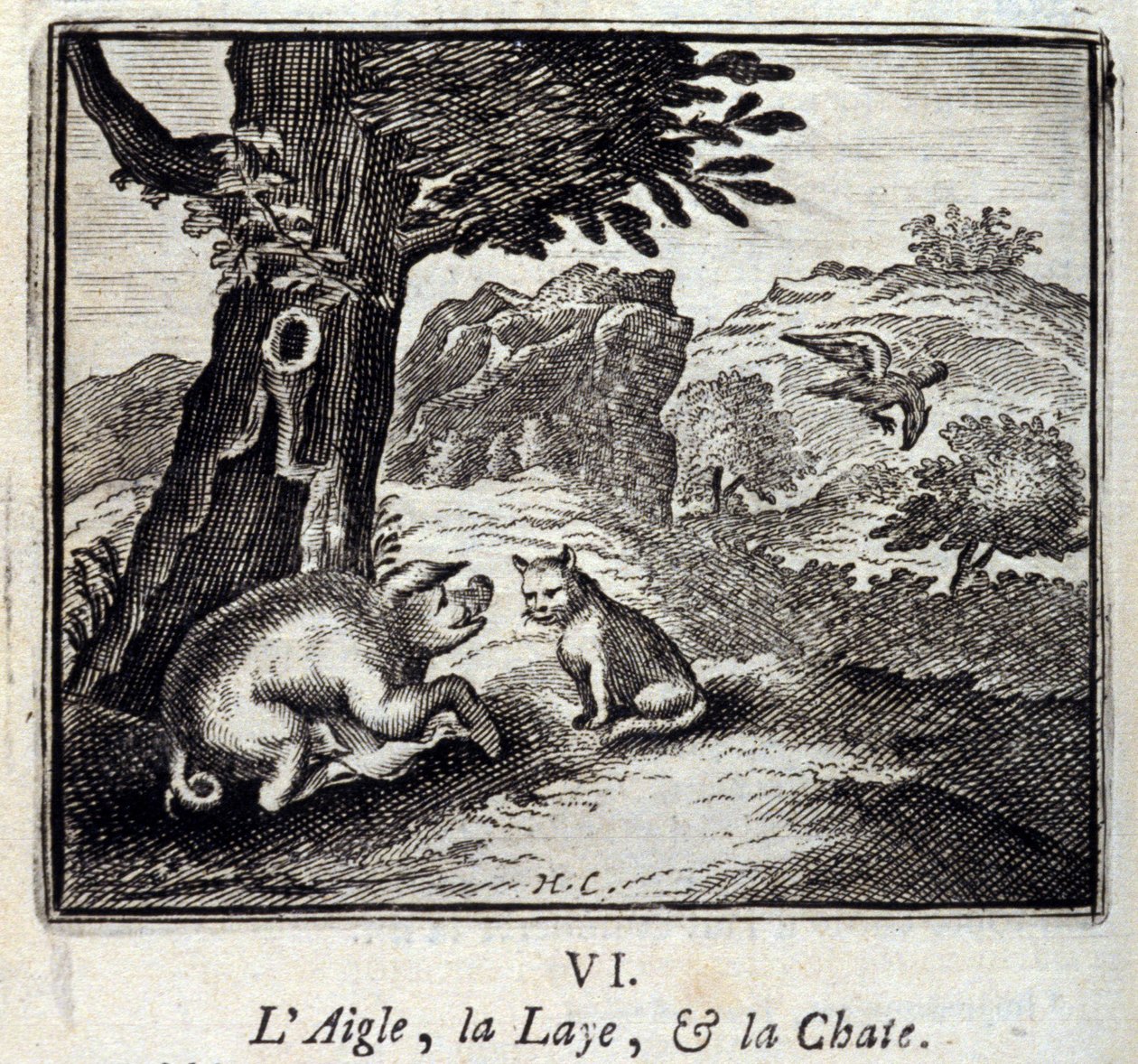 Jean de La Fontainen (1621-95) The Eagle the Laie ja Cat. Fables. Kuvitus: Francois Chauveau (1613-1676). Painos vuodelta 1728. tekijältä Francois Chauveau