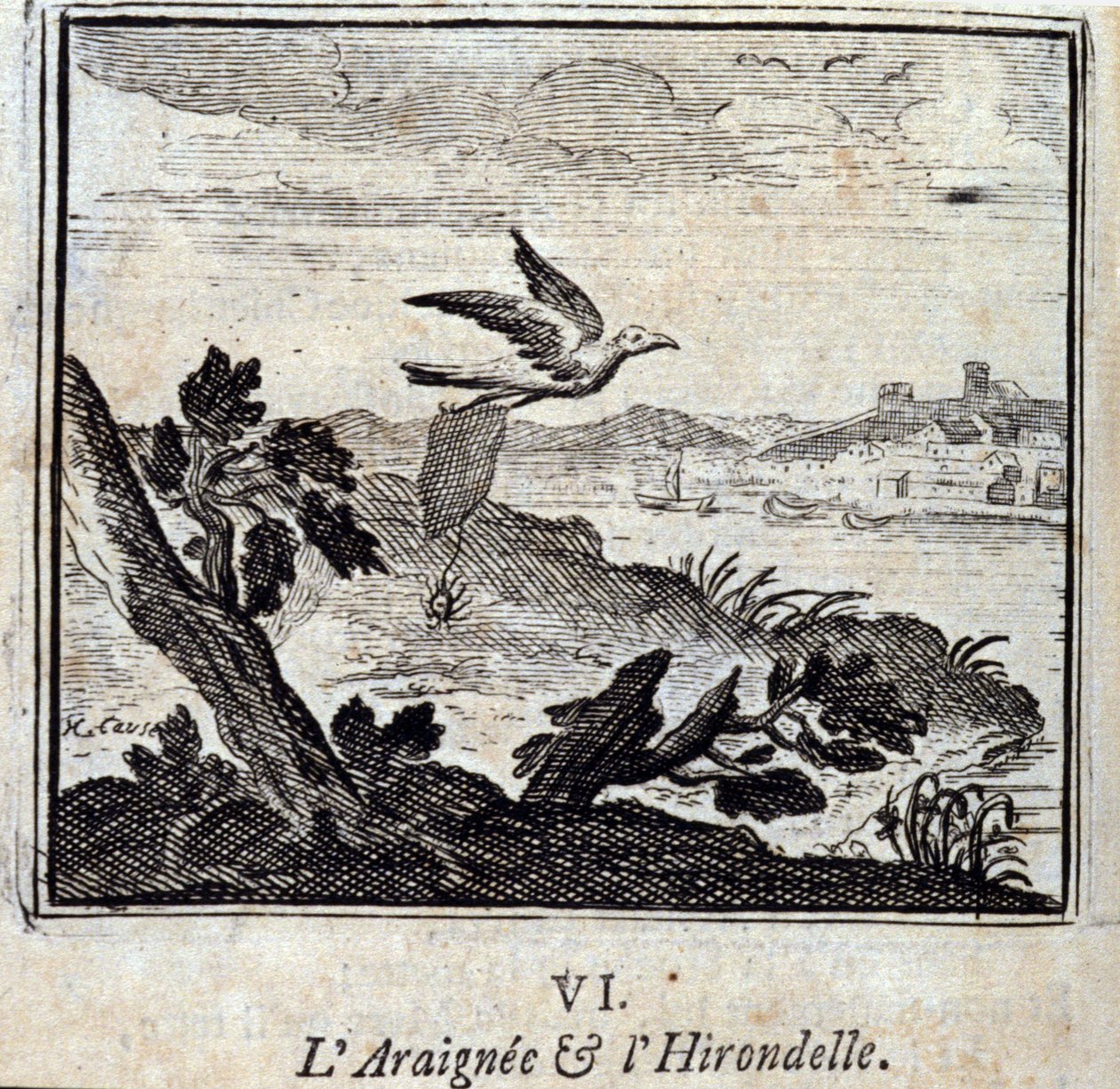 Hämähäkki ja pääskynen. Jean de La Fontainen (1621-95) tarinoita. Kuvitus: François Chauveau (1613-1676). Painos vuodelta 1728. tekijältä Francois Chauveau