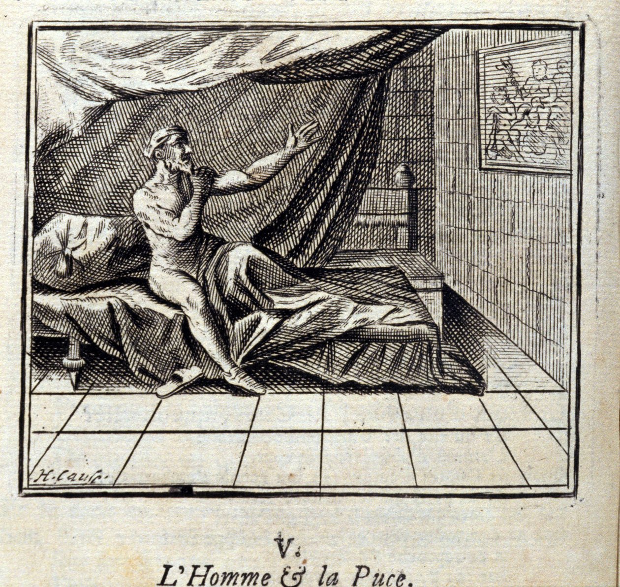 Mies ja kirppu. Jean de La Fontainen (1621-95) tarinoita. Kuvitus: Francois Chauveau (1613-1676). Painos vuodelta 1728. tekijältä Francois Chauveau