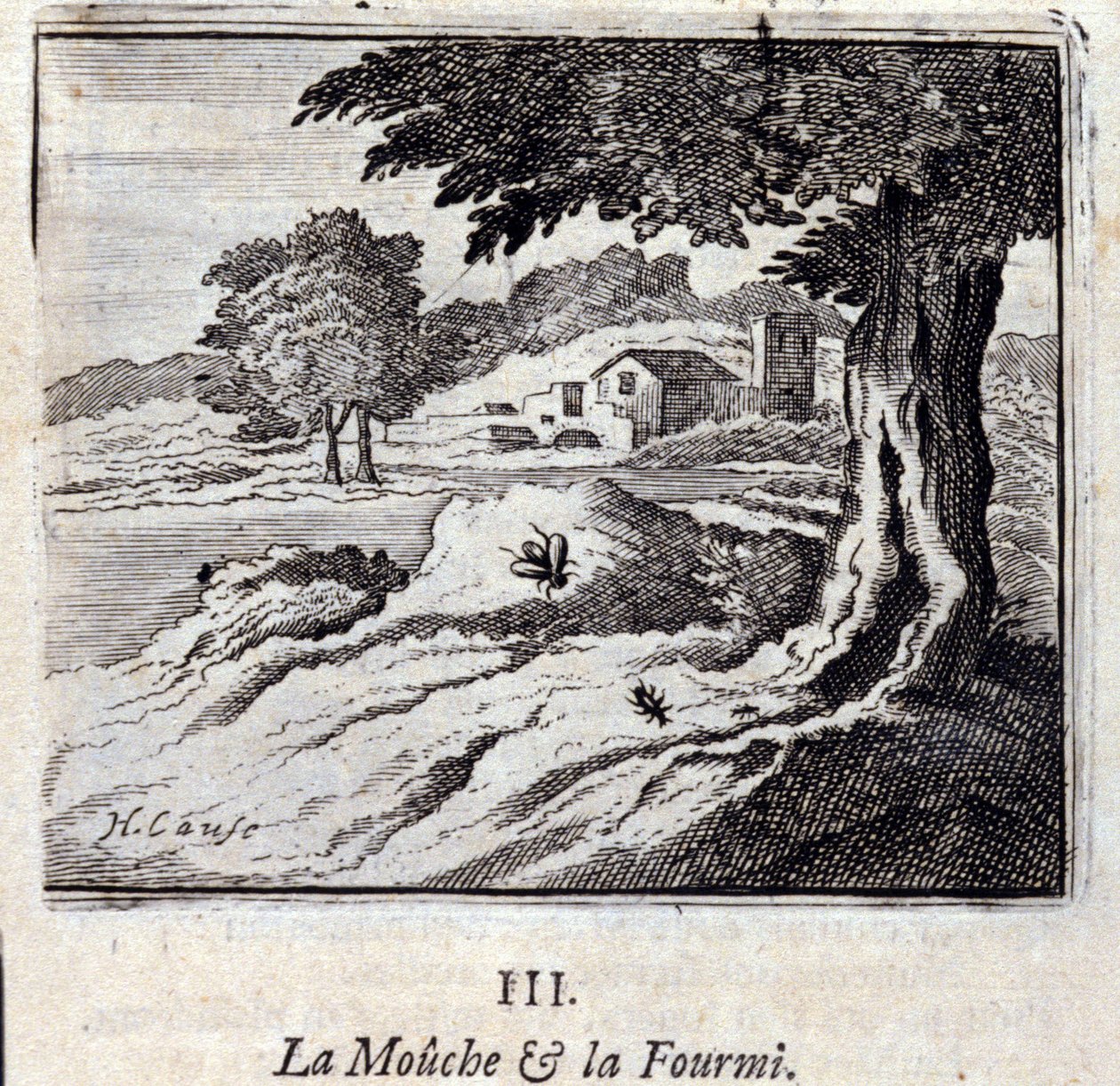 Jean de La Fontainen (1621-95) The Fly and the Ant. Kuvitus: Francois Chauveau (1613-1676). Painos vuodelta 1728. tekijältä Francois Chauveau