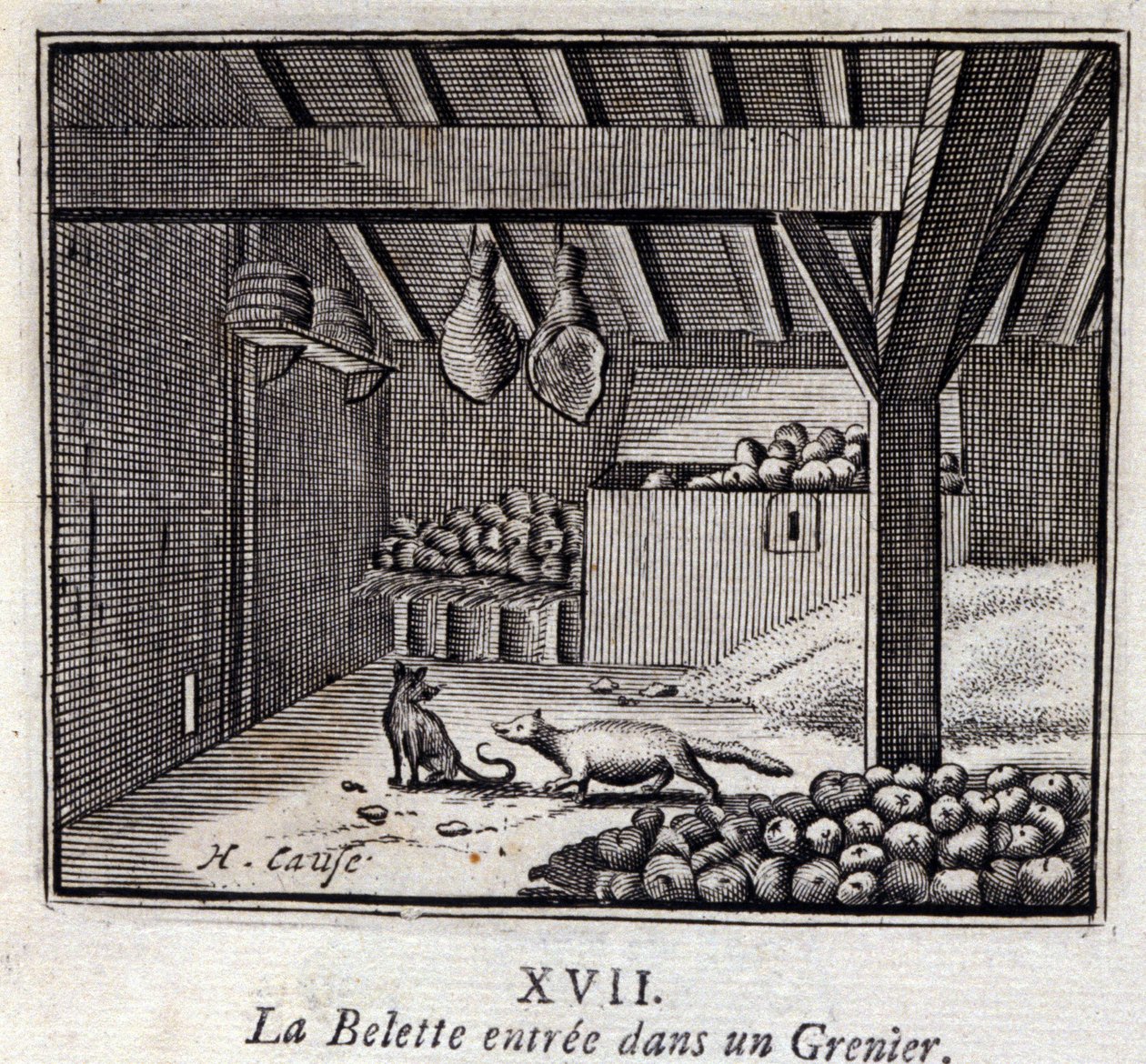La Weasette astui Grenieriin. Jean de La Fontainen (1621-95) sadut. Kuvitus: François Chauveau (1613-1676). Painos vuodelta 1728. tekijältä Francois Chauveau
