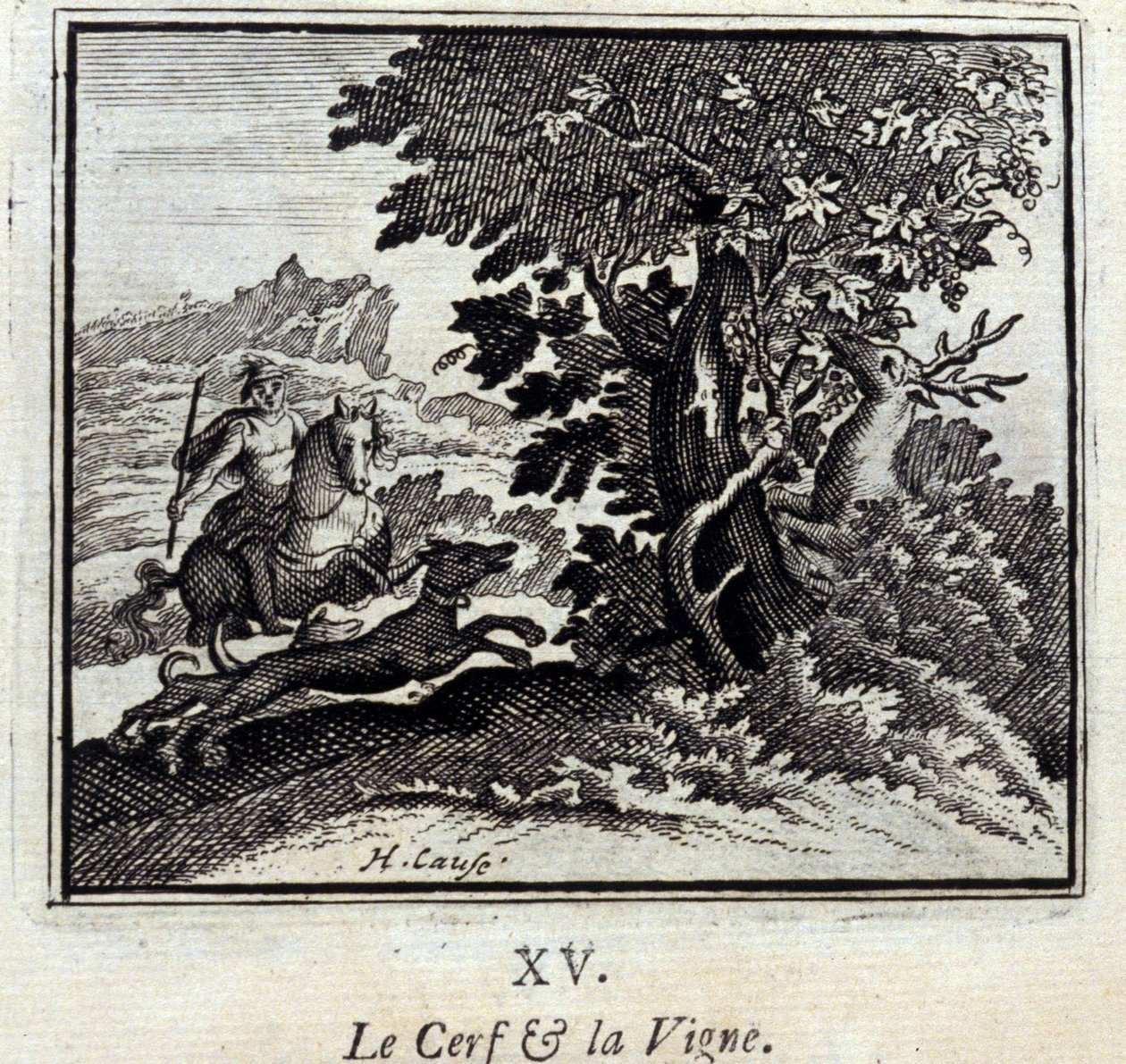 Hirvi ja viiniköynnös. Jean de La Fontainen (1621-95) tarinoita. Kuvitus: François Chauveau (1613-1676). Painos vuodelta 1728. tekijältä Francois Chauveau
