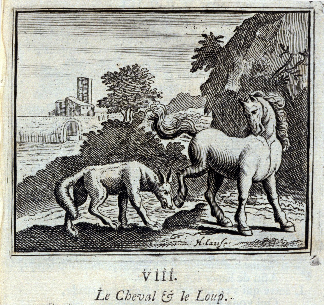 Hevonen ja susi. Jean de La Fontainen (1621-95) tarinoita. Kuvitus: François Chauveau (1613-1676). Painos vuodelta 1728. tekijältä Francois Chauveau