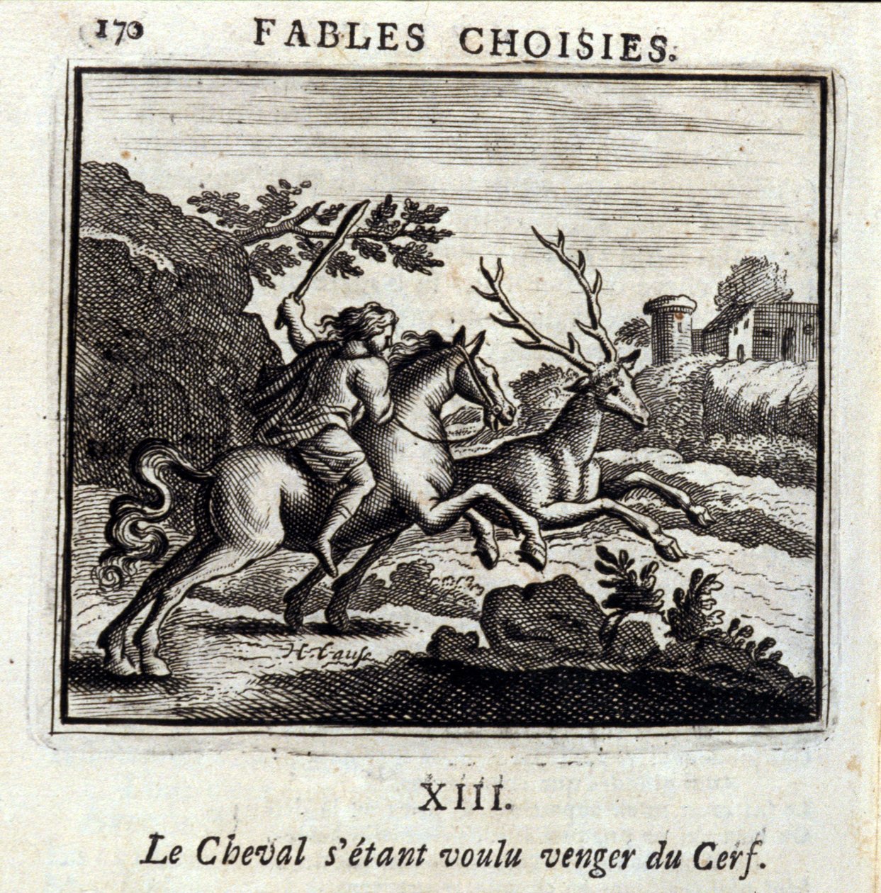 Hevonen halusi kostaa Hirven puolesta. Jean de La Fontainen (1621-95) sadut. Kuvitus: Francois Chauveau (1613-1676). Painos vuodelta 1728. tekijältä Francois Chauveau