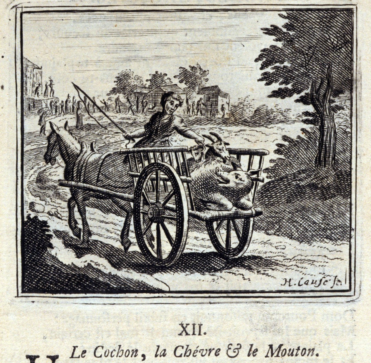 Jean de La Fontainen (1621-95) The Pig the Goat and the Mut. Kuvitus: Francois Chauveau (1613-1676). Painos vuodelta 1728. tekijältä Francois Chauveau
