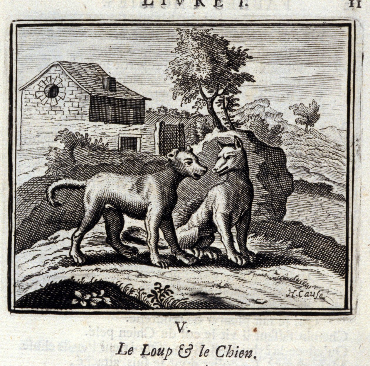 Susi ja koira. Jean de La Fontainen (1621-95) tarinoita. Kuvitus: Francois Chauveau (1613-1676). Painos vuodelta 1728. tekijältä Francois Chauveau