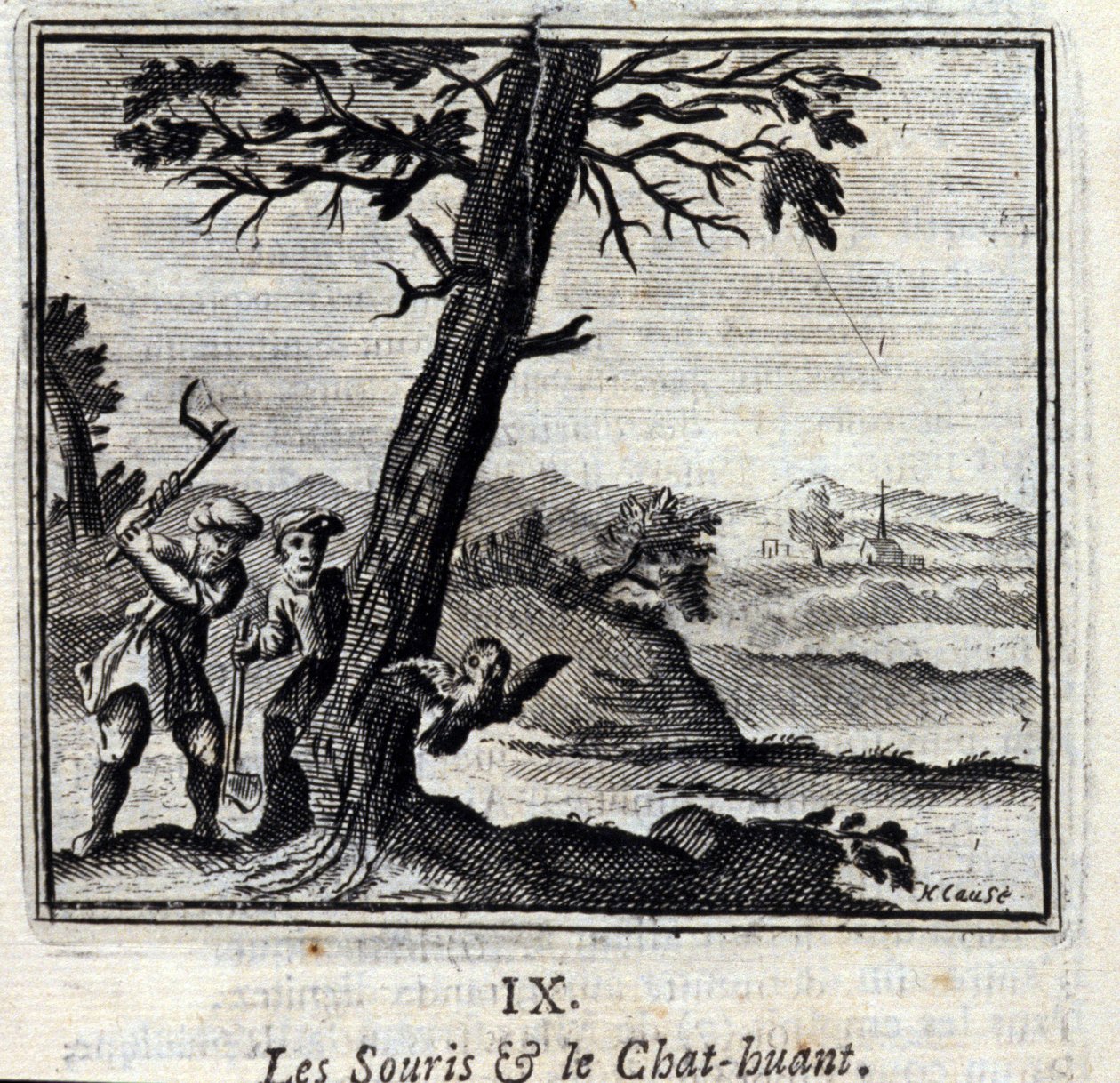 Jean de La Fontainen (1621-95) The Mice and the Huant Cat. Fables. Kuvitus: Francois Chauveau (1613-1676). Painos vuodelta 1728. tekijältä Francois Chauveau