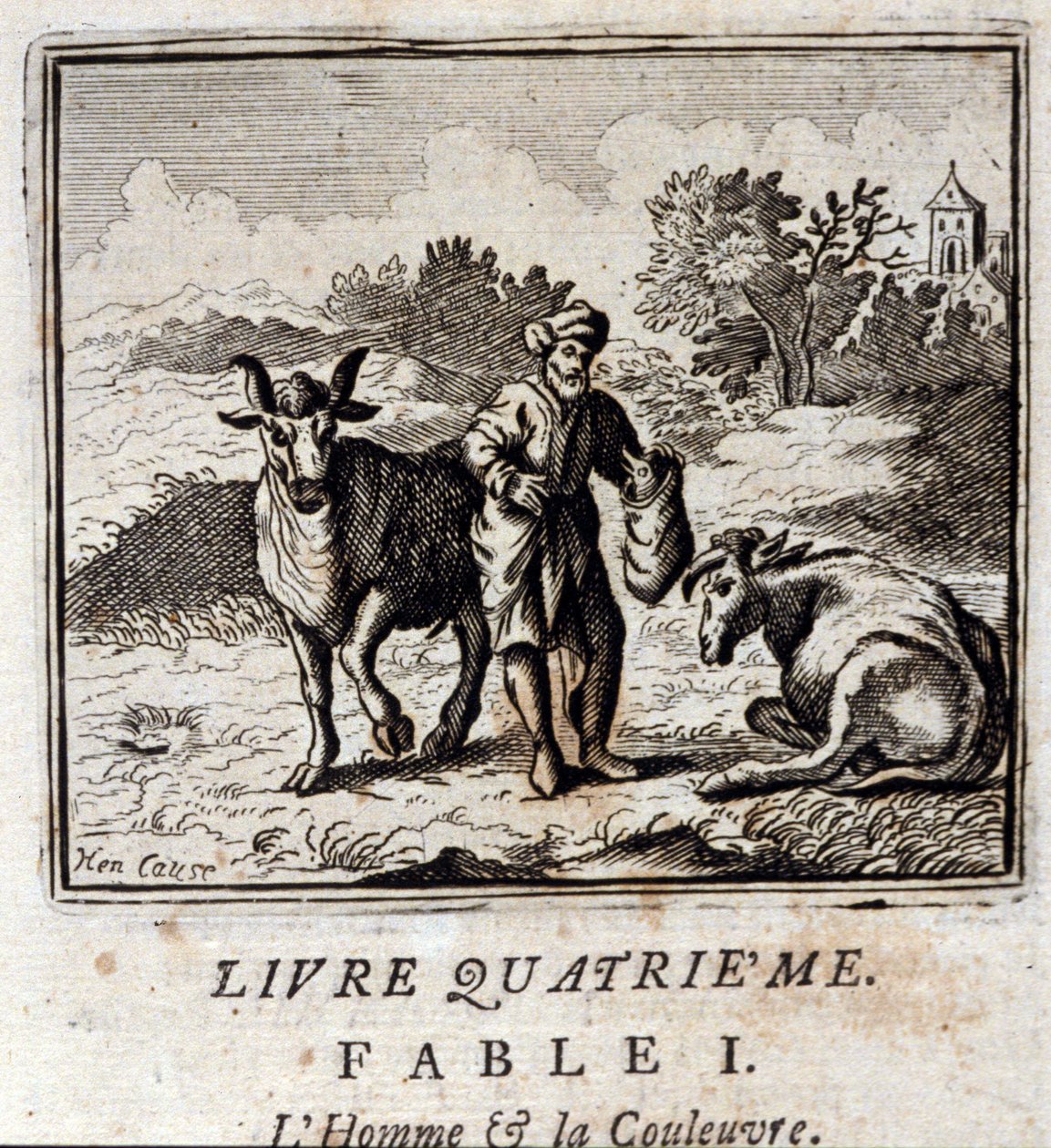 Mies ja käärme. Jean de La Fontainen (1621-95) sadut. Kuvitus: Francois Chauveau (1613-1676). Painos vuodelta 1728. tekijältä Francois Chauveau