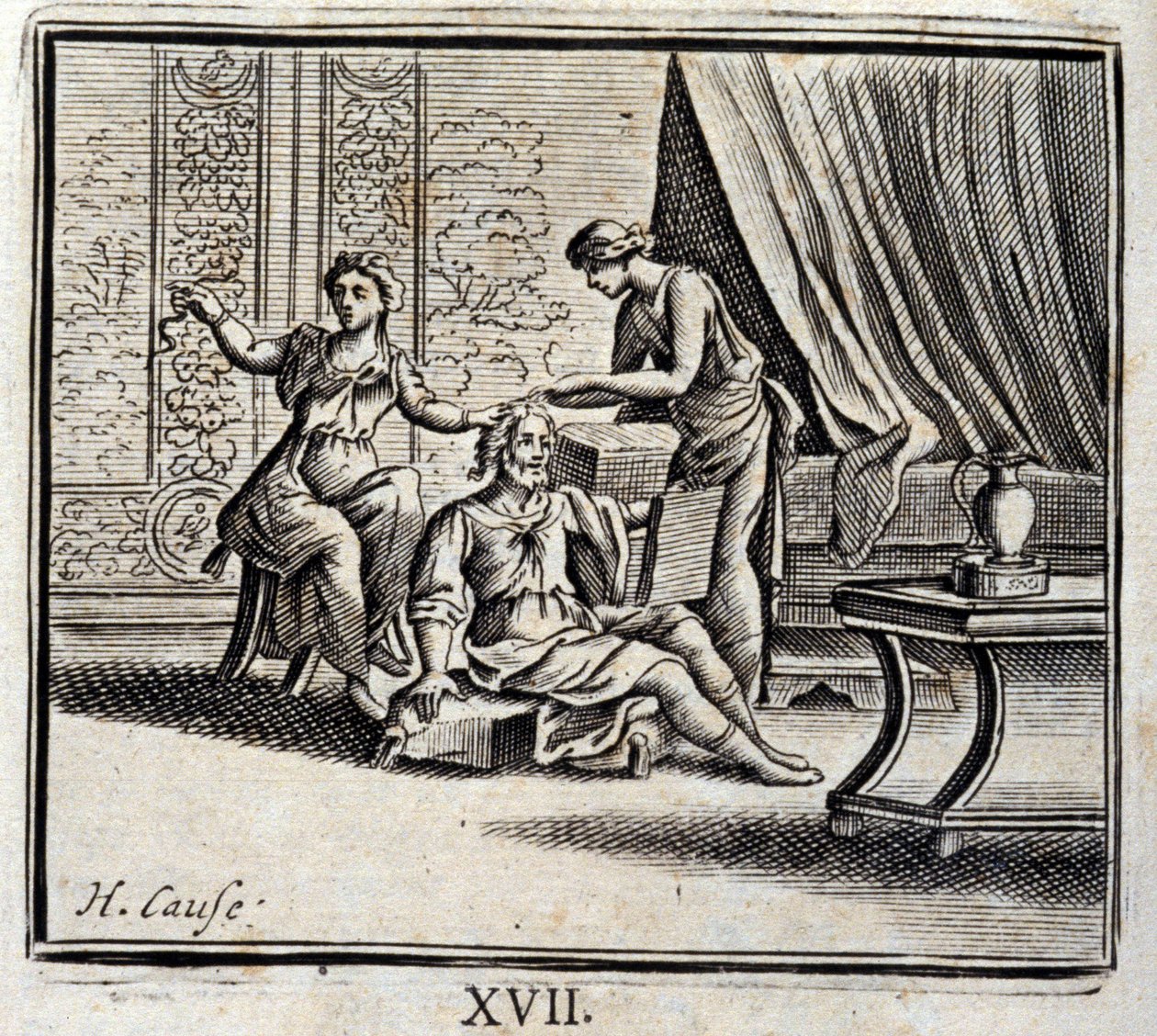 Kahden ikäinen mies ja hänen kaksi rakastajattartaan. Jean de La Fontainen (1621-95) sadut. Kuvitus: Francois Chauveau (1613-1676). Painos vuodelta 1728. tekijältä Francois Chauveau