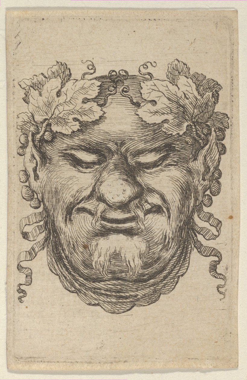 Bacchuksen naamio rypäleen lehtien seppeleellä ja nauhalla, Divers Masquesilta, n. 1635-45. tekijältä Francois Chauveau