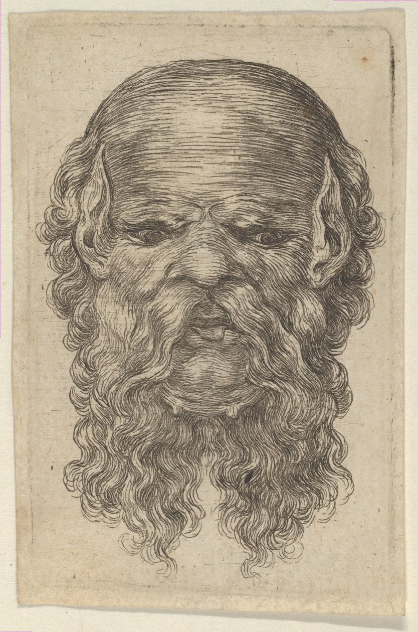 Naamio kaljusta miehestä, jolla on terävät korvat ja pitkä, hajallaan oleva parta, Divers Masques, n. 1635-45. tekijältä Francois Chauveau