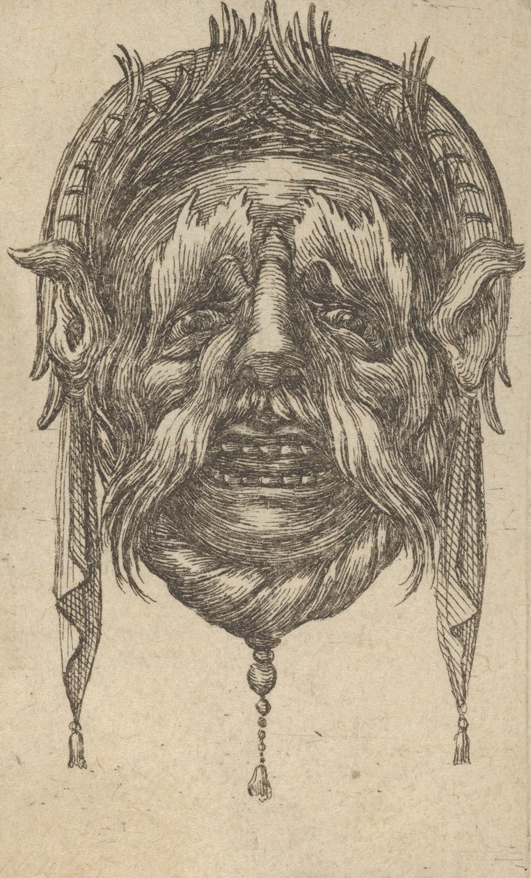 Naamio, jossa pitkät kulmakarvat ja viikset sekä päähine roikkuvalla kankaalla, Dive..., ca. 1635-45. tekijältä Francois Chauveau