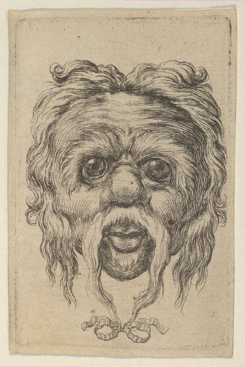 Naamio, jossa pitkät viikset, jotka on sidottu nauhalla leuan alla, valmistajalta Divers Masques, n. 1635-45. tekijältä Francois Chauveau