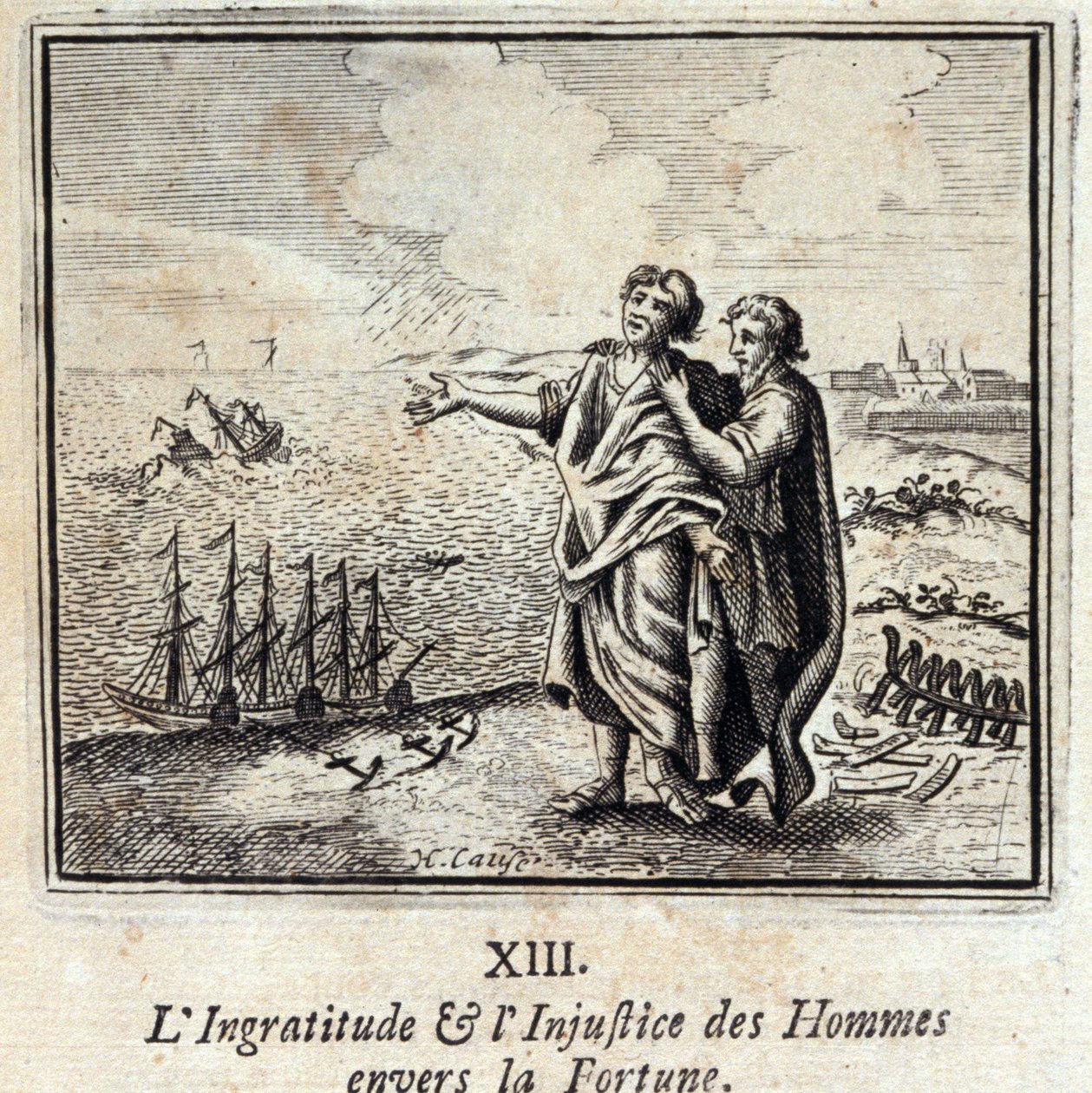 Miesten kiittämättömyys ja epäoikeudenmukaisuus onnea kohtaan. Jean de La Fontainen (1621-95) sadut. Kuvitus: François Chauveau (1613-1676). Painos vuodelta 1728. tekijältä Francois Chauveau