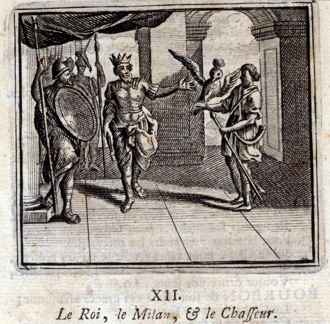 Milan kuningas ja metsästäjä. Jean de La Fontainen (1621-95) sadut. Kuvitus: François Chauveau (1613-1676). Painos vuodelta 1728. tekijältä Francois Chauveau