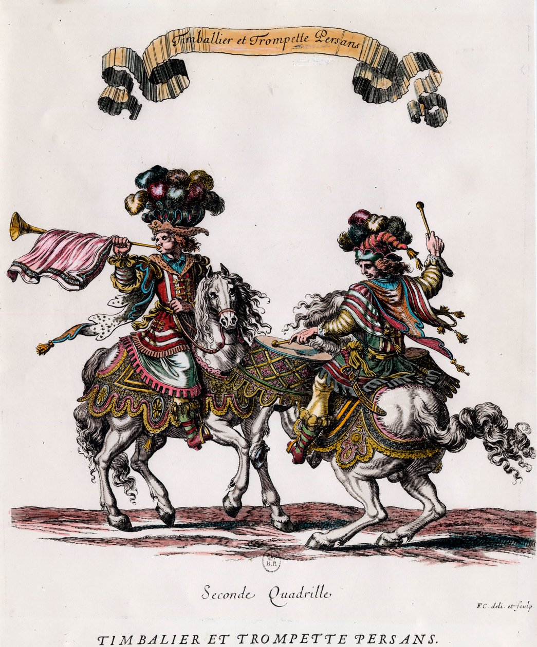 Persialainen timbaleri ja trumpetti kuningas Ludvig XIV:n (1639-1715) karusellin aikana. Kaiverrus Francois Chauveau (1613-1676) noin 1662 Yksityinen kokoelma tekijältä Francois Chauveau