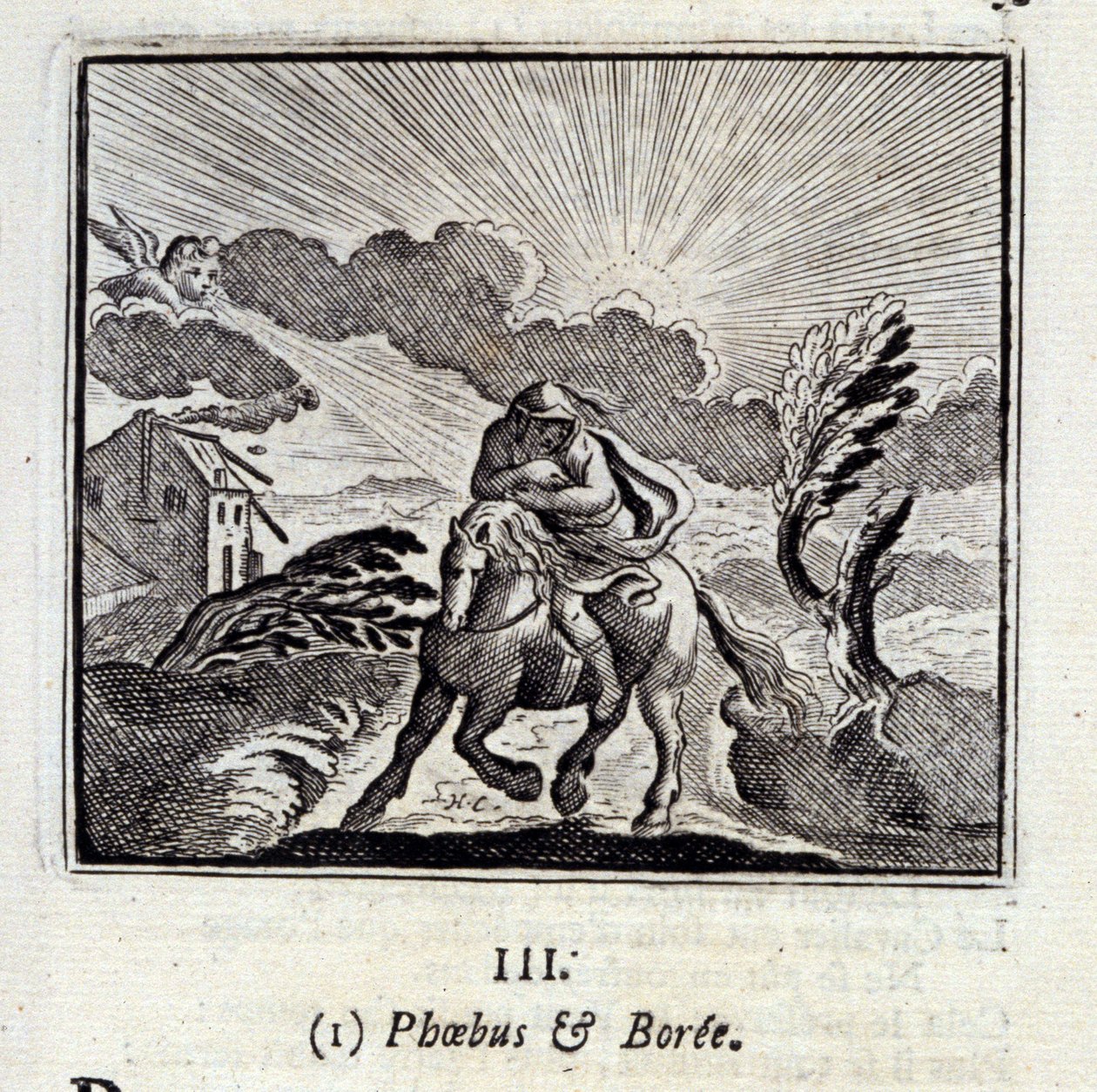 Phebus ja Boree. Jean de La Fontainen (1621-95) sadut. Kuvitus: Francois Chauveau (1613-1676). Painos vuodelta 1728. tekijältä Francois Chauveau