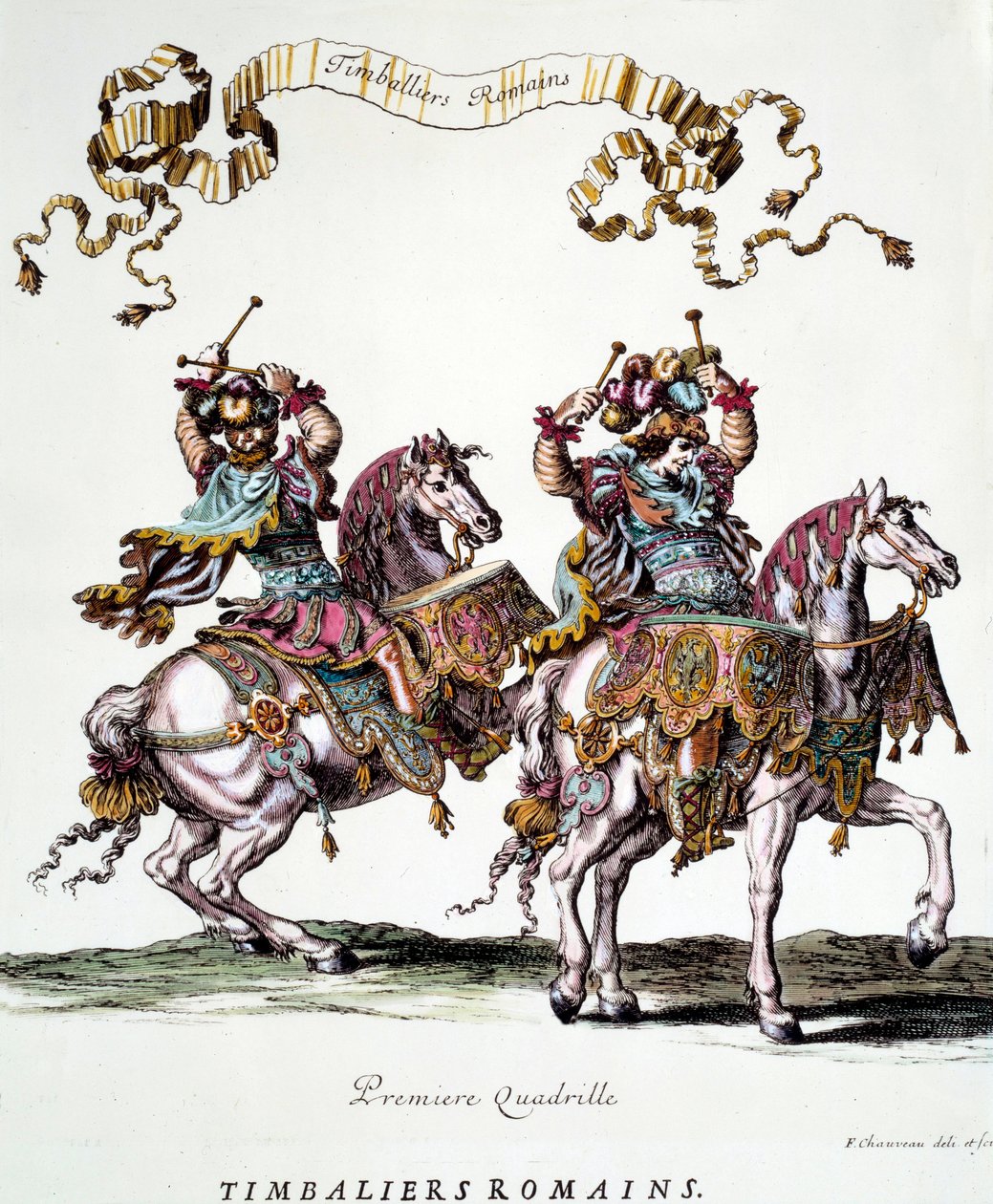 Roomalaiset sämpylät kuningas Ludvig XIV:n (1638-1715) vuonna 1662 antaman karusellin aikana. Kaiverrus Francois Chauveau (1613-1676) 1600-luvun yksityinen kokoelma tekijältä Francois Chauveau