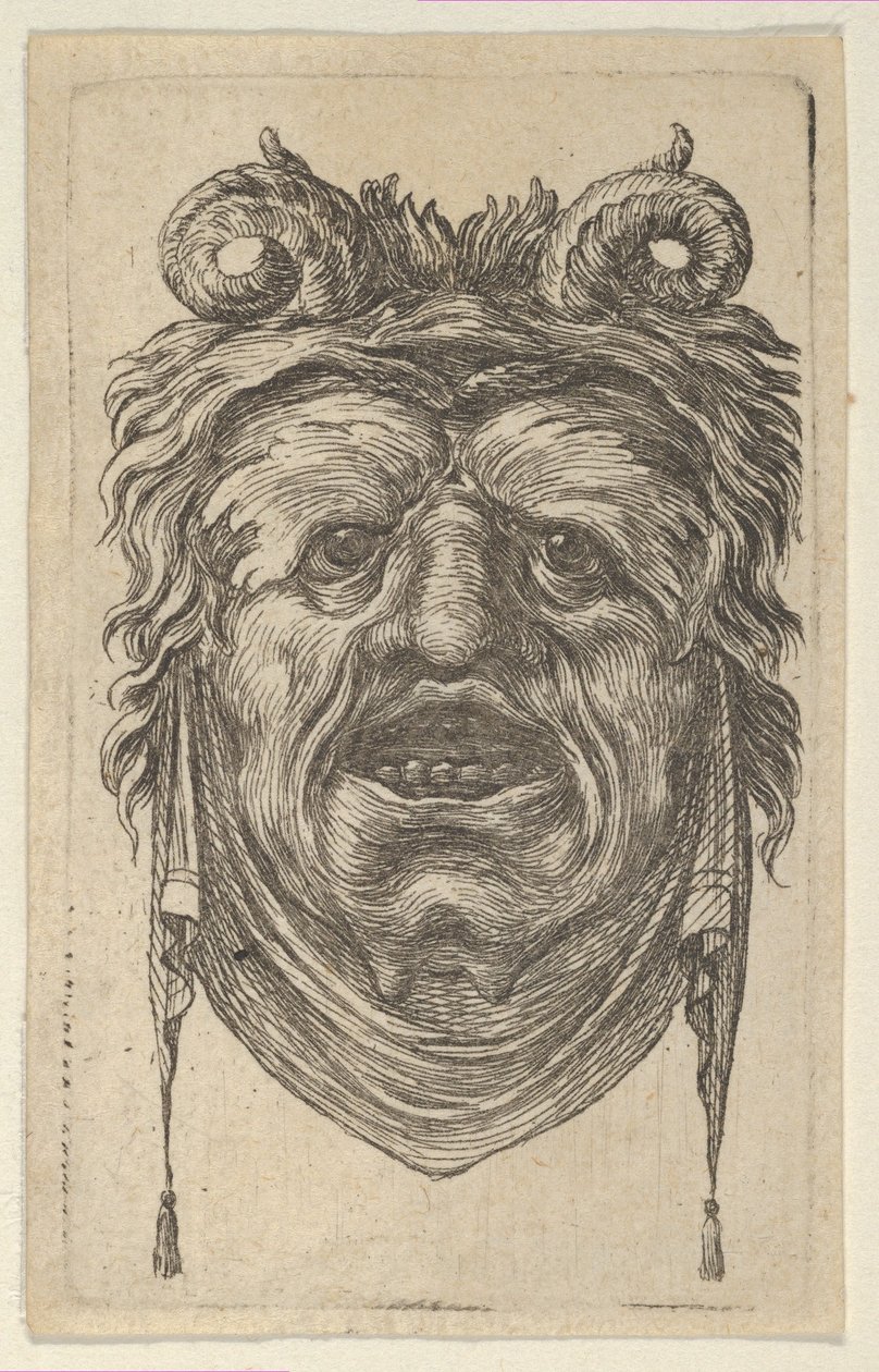 Satyr-naamio käpristyneillä sarvilla, lehtikulmilla ja leuan alla roikkuvalla kankaalla, n. 1635-45. tekijältä Francois Chauveau