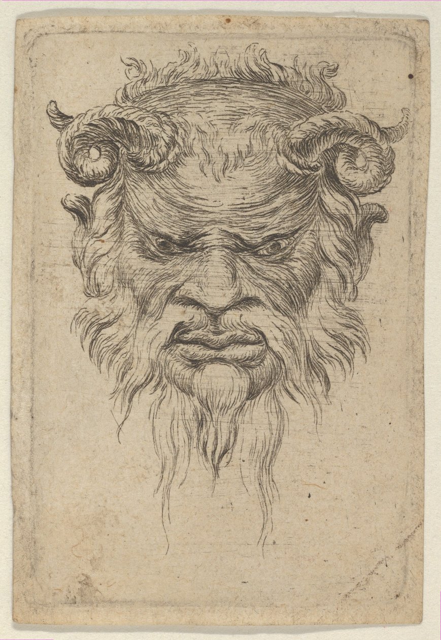 Satyr-naamio kiertetyillä sarvilla katsomassa alas, valmistajalta Divers Masques, n. 1635-45. tekijältä Francois Chauveau