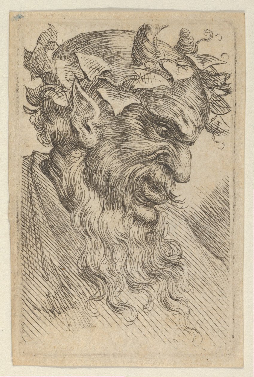 Satyr-naamio murattikruunulla, oikealle päin, valmistaja Divers Masques, n. 1635-45. tekijältä Francois Chauveau