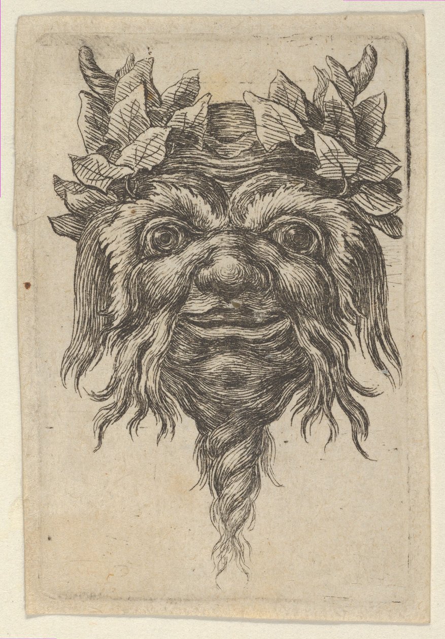 Satyr-naamio, jossa on spiraalin muotoinen parta ja muratti jokaisen sarven ympärille, valmistajalta Divers..., n. 1635-45. tekijältä Francois Chauveau