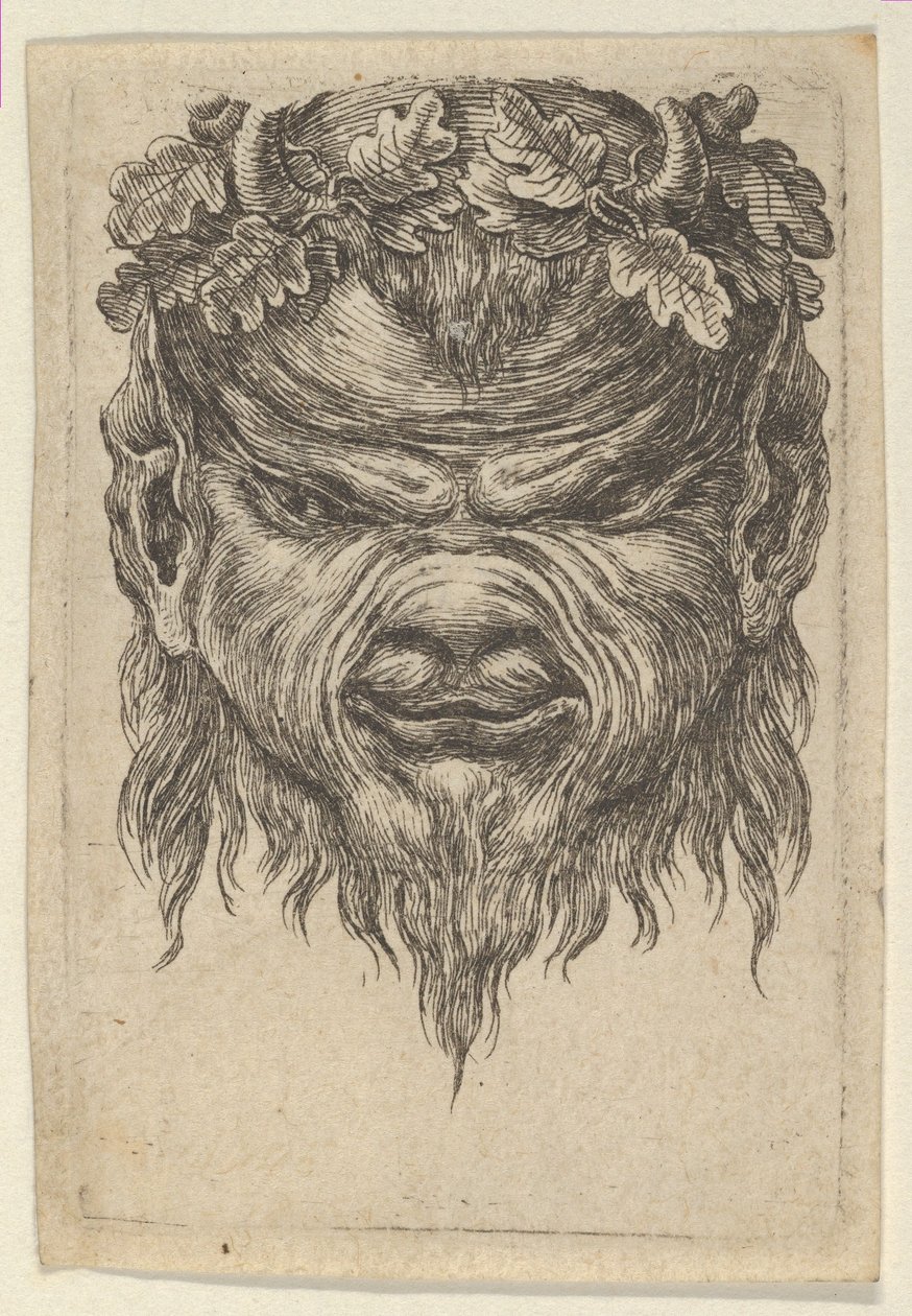 Satyr-naamio, jossa on sisennys kuono ja seppele tammenlehtiä, Divers Masquesilta, n. 1635-45. tekijältä Francois Chauveau