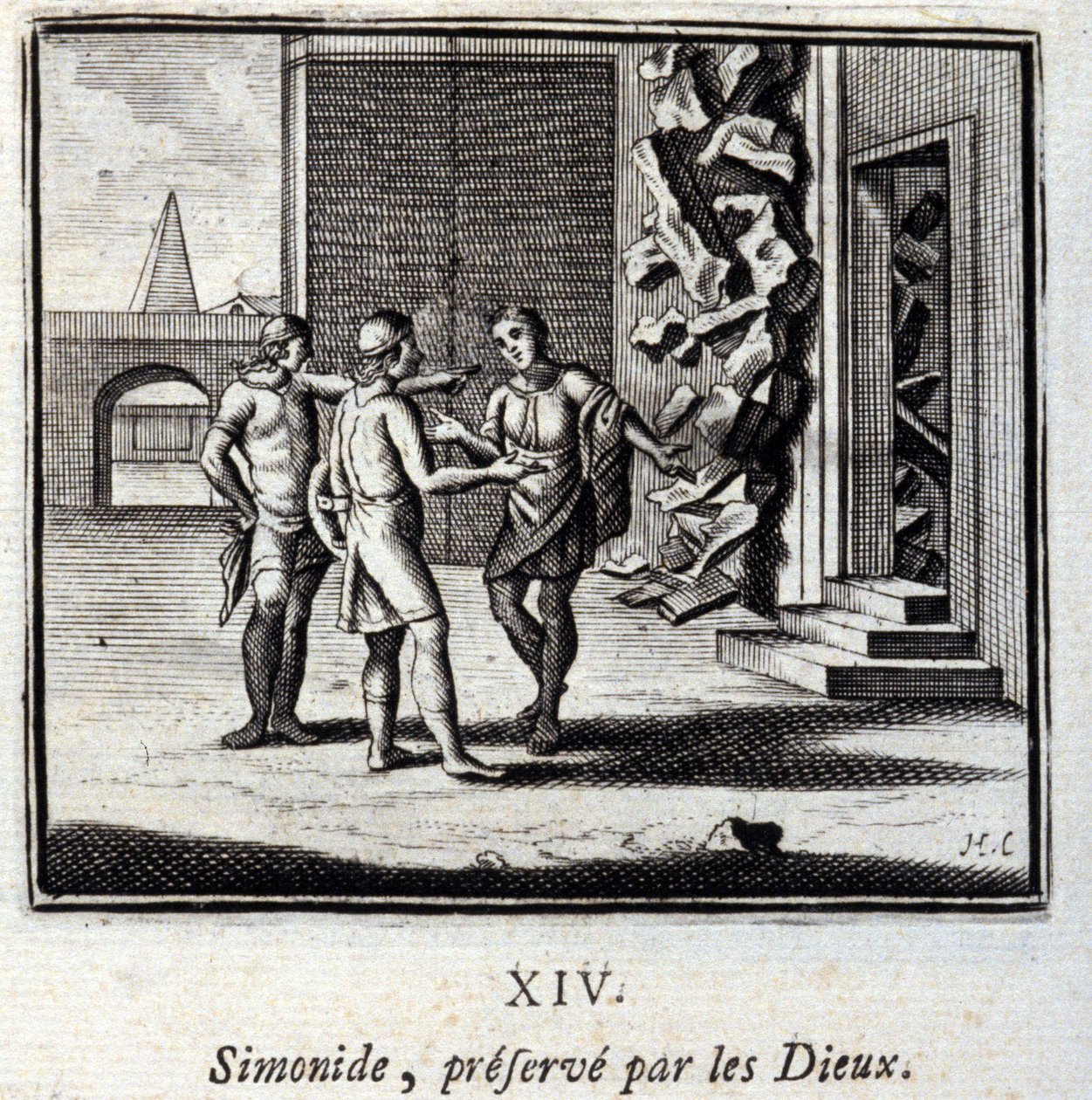Simonides suojelee jumalia. Jean de La Fontainen (1621-95) sadut. Kuvitus: Francois Chauveau (1613-1676). Painos vuodelta 1728. tekijältä Francois Chauveau