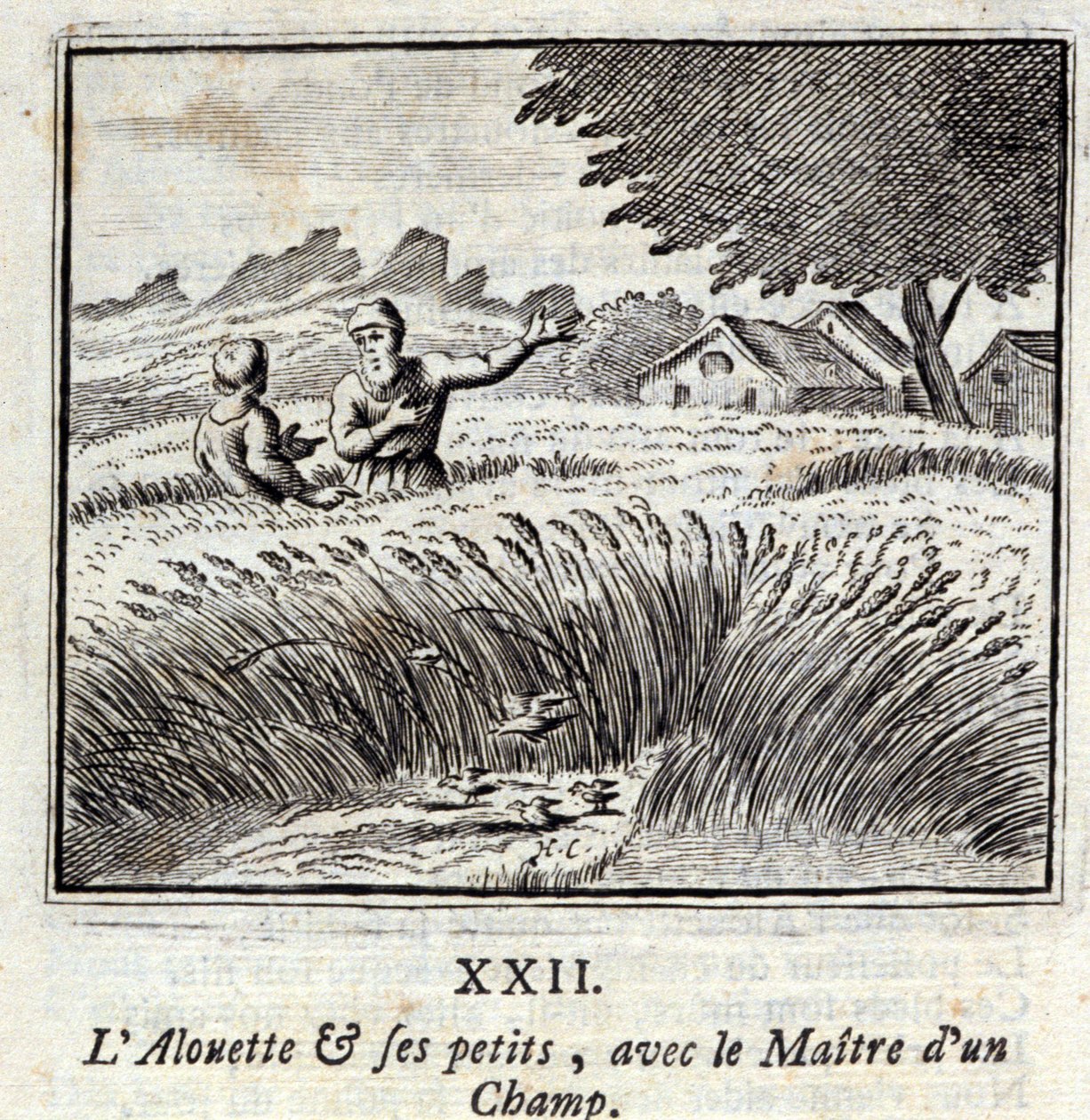 Alouette ja hänen lapsensa alan mestarin kanssa. Jean de La Fontainen (1621-95) sadut. Kuvitus: François Chauveau (1613-1676). Painos vuodelta 1728. tekijältä Francois Chauveau