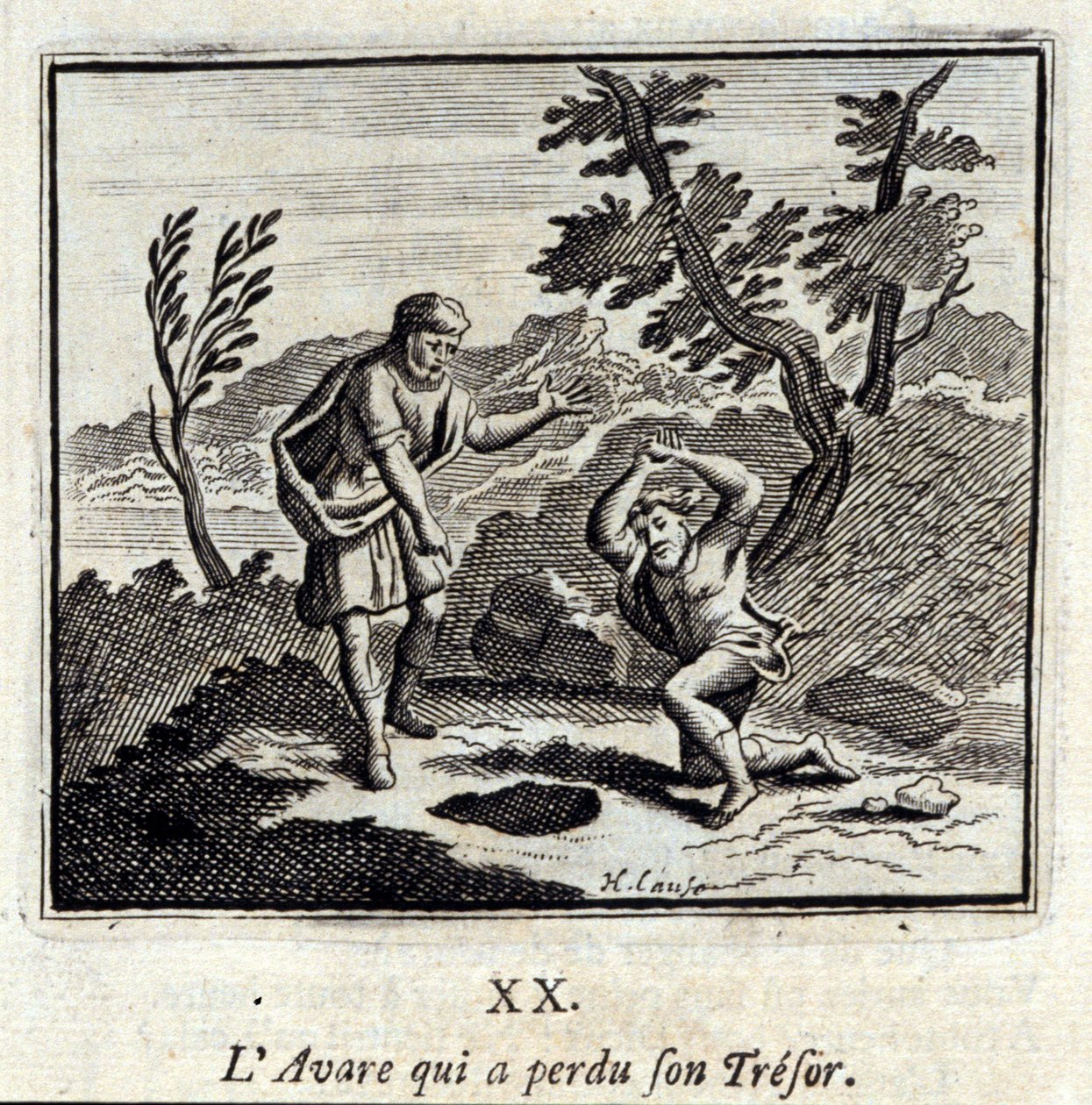 Avare, joka menetti tresorinsa. Jean de La Fontainen (1621-95) tarinat. Kuvitus: François Chauveau (1613-1676). Painos vuodelta 1728. tekijältä Francois Chauveau