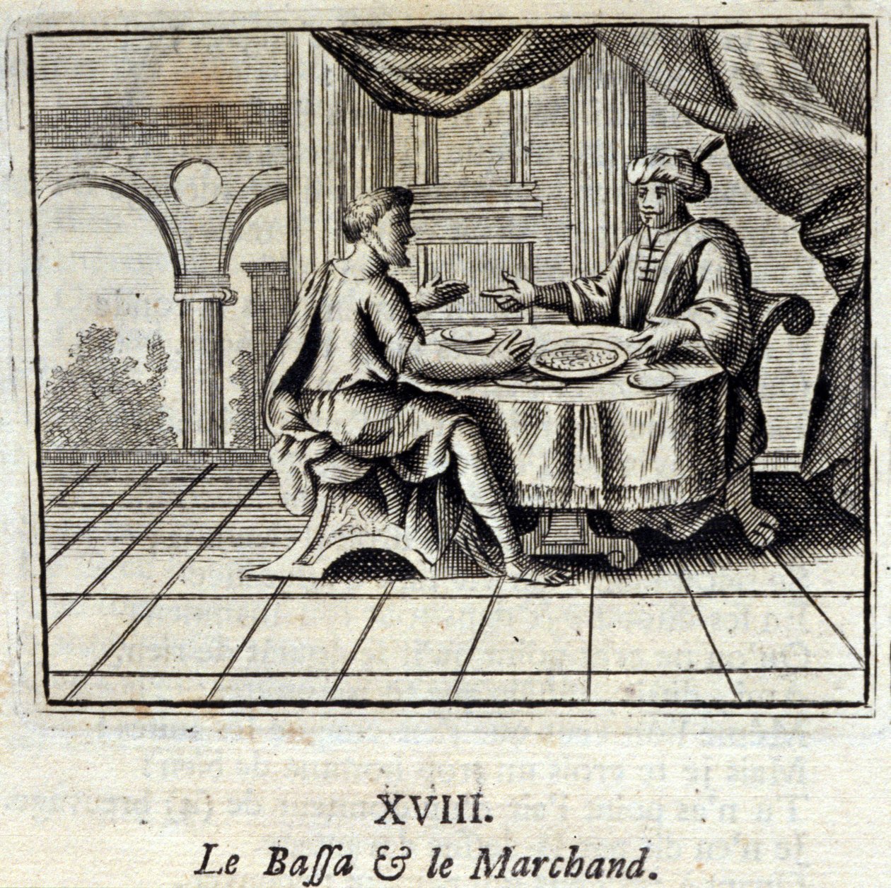 Bassa ja kauppias. Jean de La Fontainen (1621-95) sadut. Kuvitus: François Chauveau (1613-1676). Painos vuodelta 1728. tekijältä Francois Chauveau