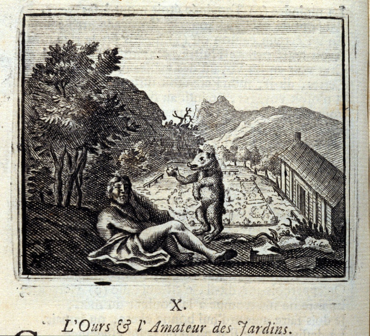 Karhu ja puutarha -amatööri. Jean de La Fontainen (1621-95) sadut. Kuvitus: François Chauveau (1613-1676). Painos vuodelta 1728. tekijältä Francois Chauveau
