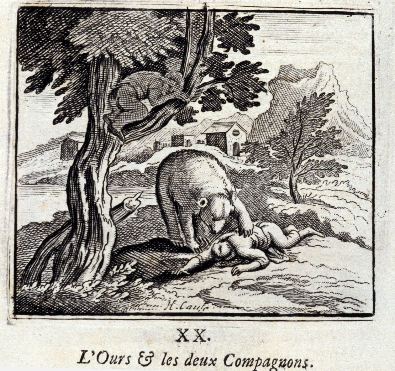 Karhu ja kaksi seuralaista. Jean de La Fontainen (1621-95) sadut. Kuvitus: François Chauveau (1613-1676). Painos vuodelta 1728. tekijältä Francois Chauveau