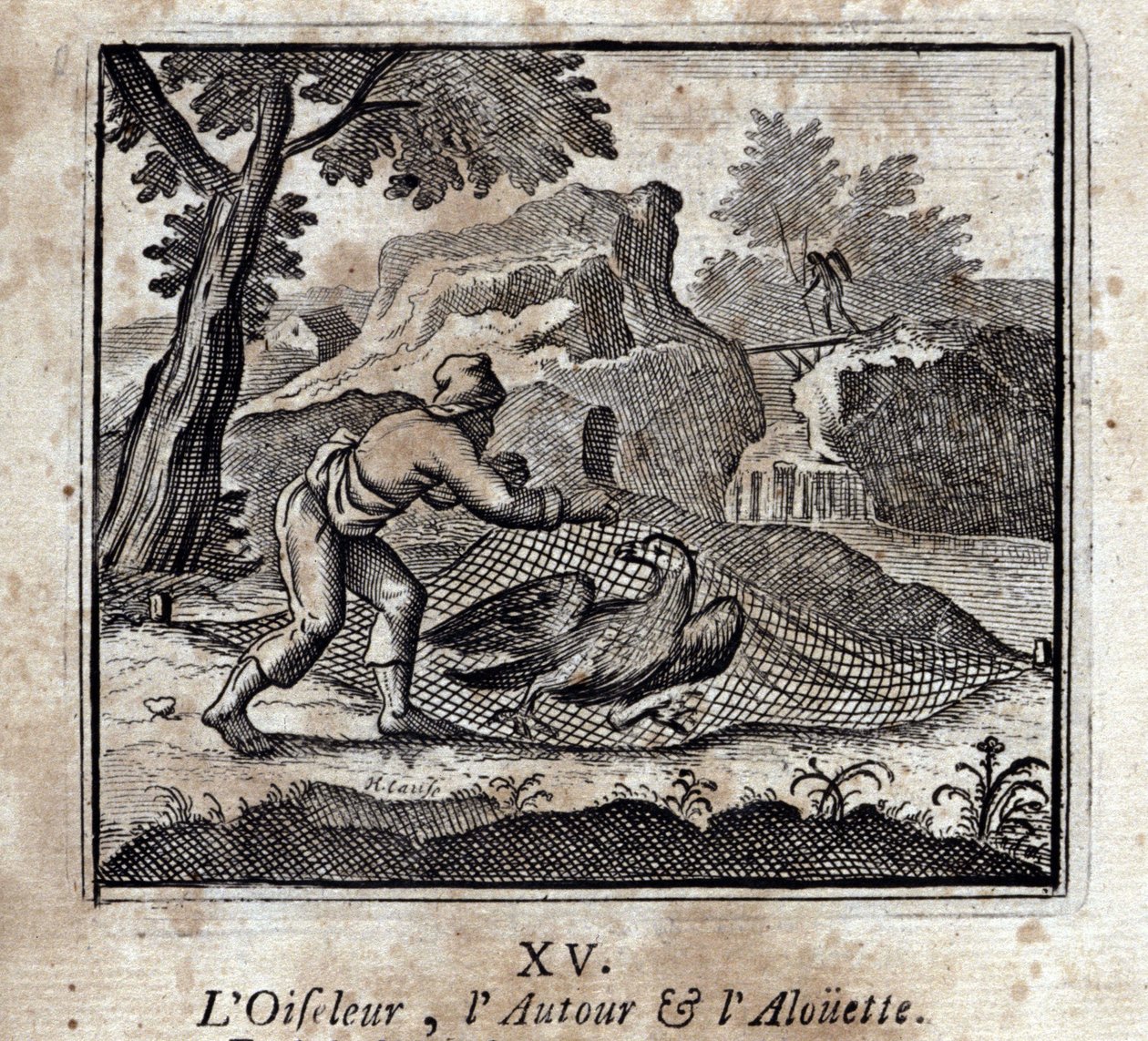 Lintulintu ympärillä ja Alouette. Jean de La Fontainen (1621-95) sadut. Kuvitus: François Chauveau (1613-1676). Painos vuodelta 1728. tekijältä Francois Chauveau