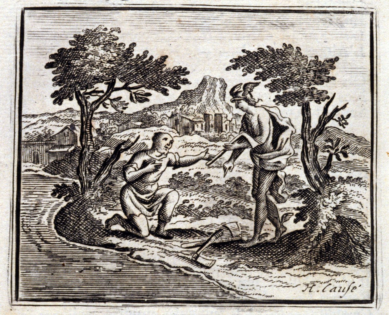 Bucheron ja Mercury. Jean de La Fontainen (1621-95) sadut. Kuvitus: Francois Chauveau (1613-1676). Painos vuodelta 1728. tekijältä Francois Chauveau