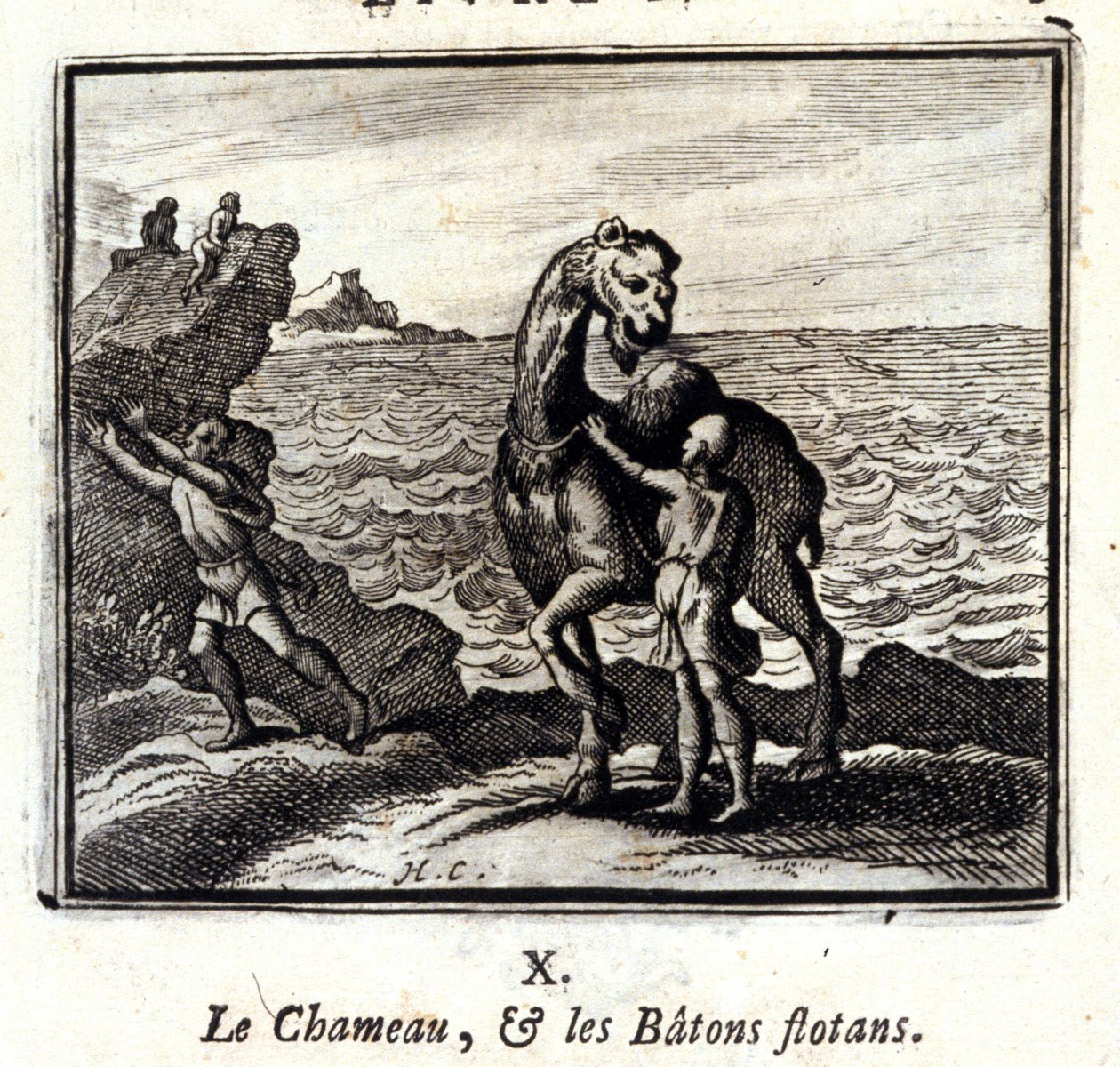 Kameli ja kelluvat kepit. Jean de La Fontainen (1621-95) sadut. Kuvitus: François Chauveau (1613-1676). Painos vuodelta 1728. tekijältä Francois Chauveau