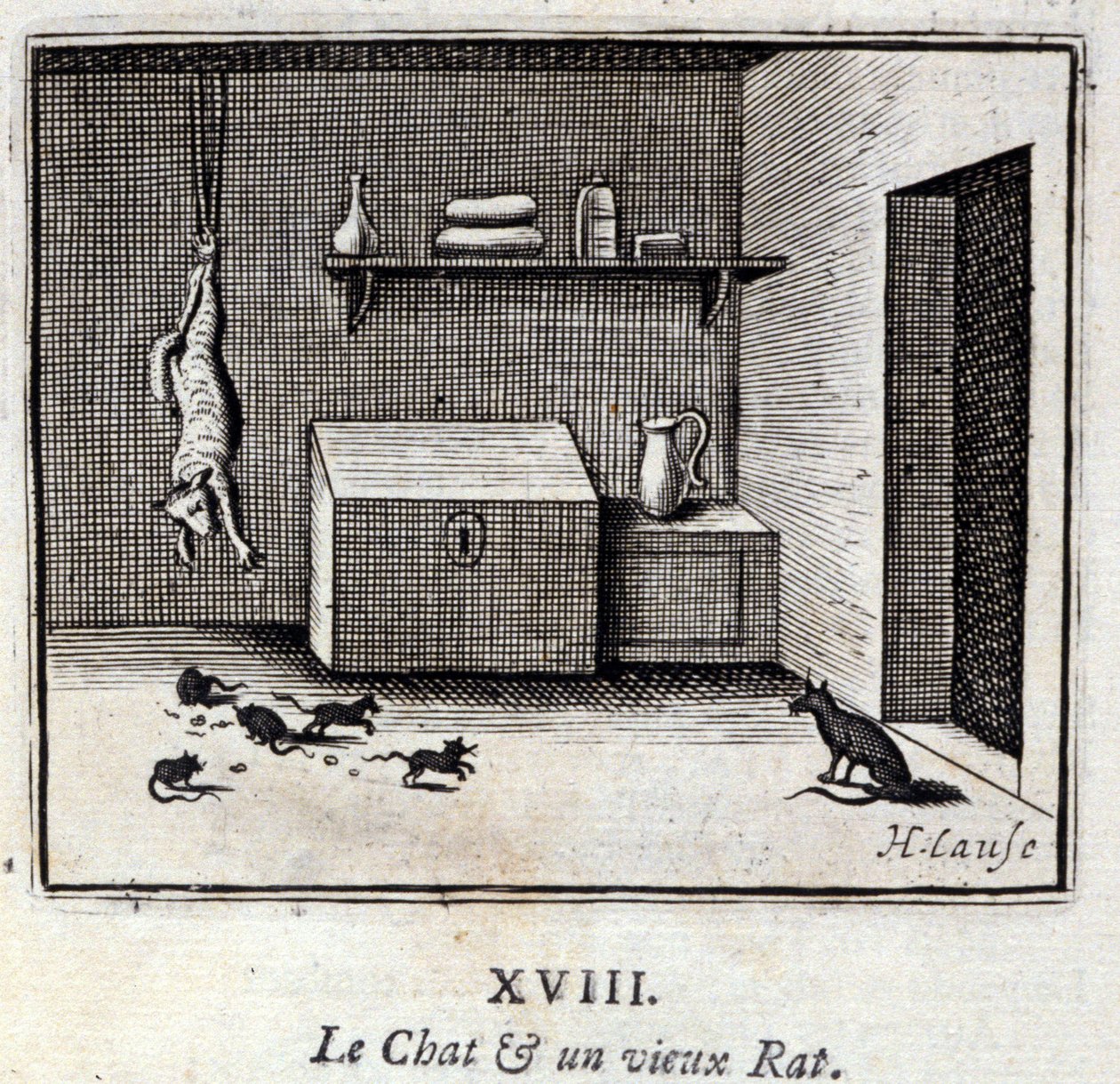 Kissa ja vanha rotta. Jean de La Fontainen (1621-95) sadut. Kuvitus: Francois Chauveau (1613-1676). Painos vuodelta 1728. tekijältä Francois Chauveau