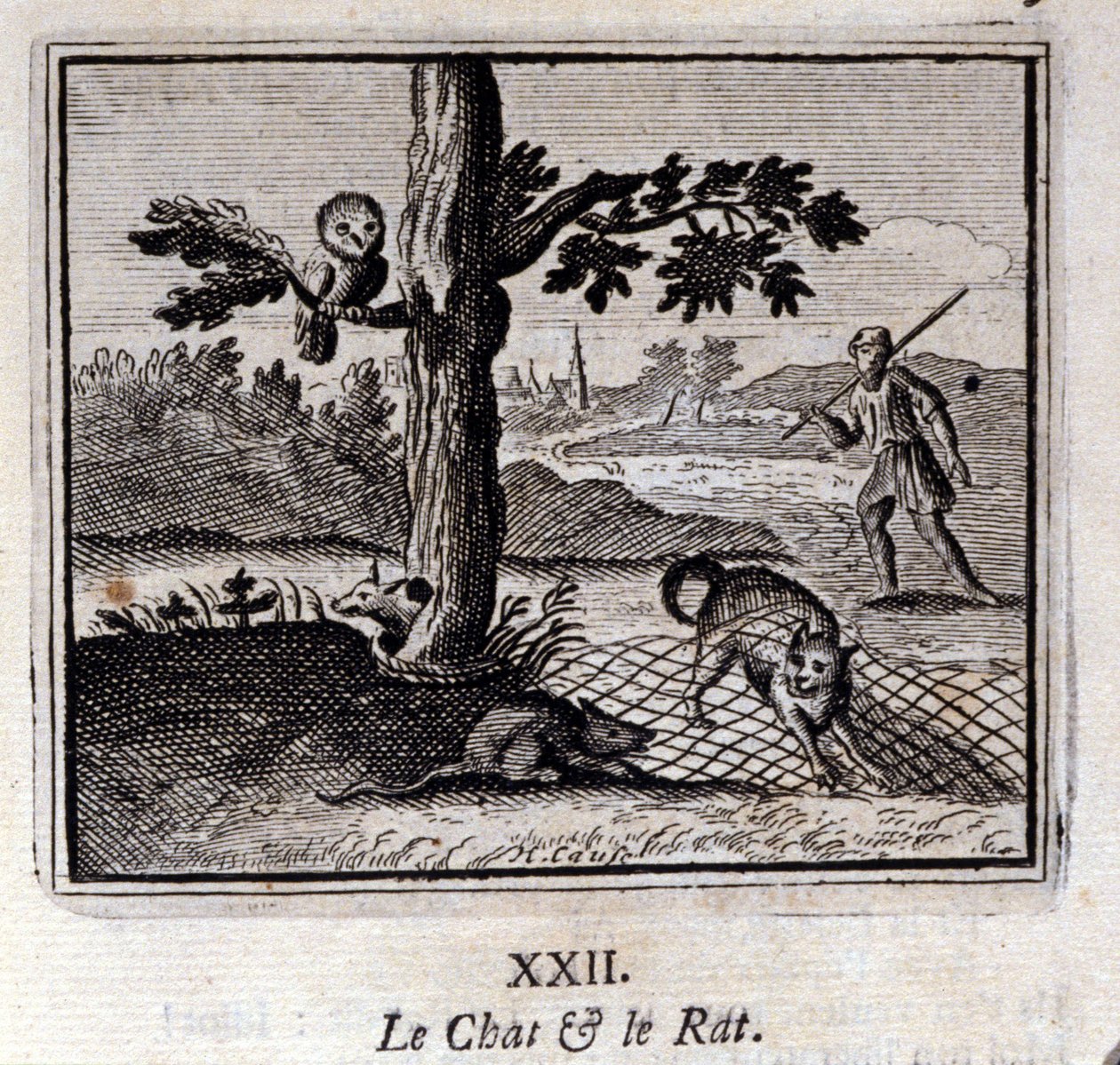 Kissa ja rotta. Jean de La Fontainen (1621-95) sadut. Kuvitus: Francois Chauveau (1613-1676). Painos vuodelta 1728. tekijältä Francois Chauveau